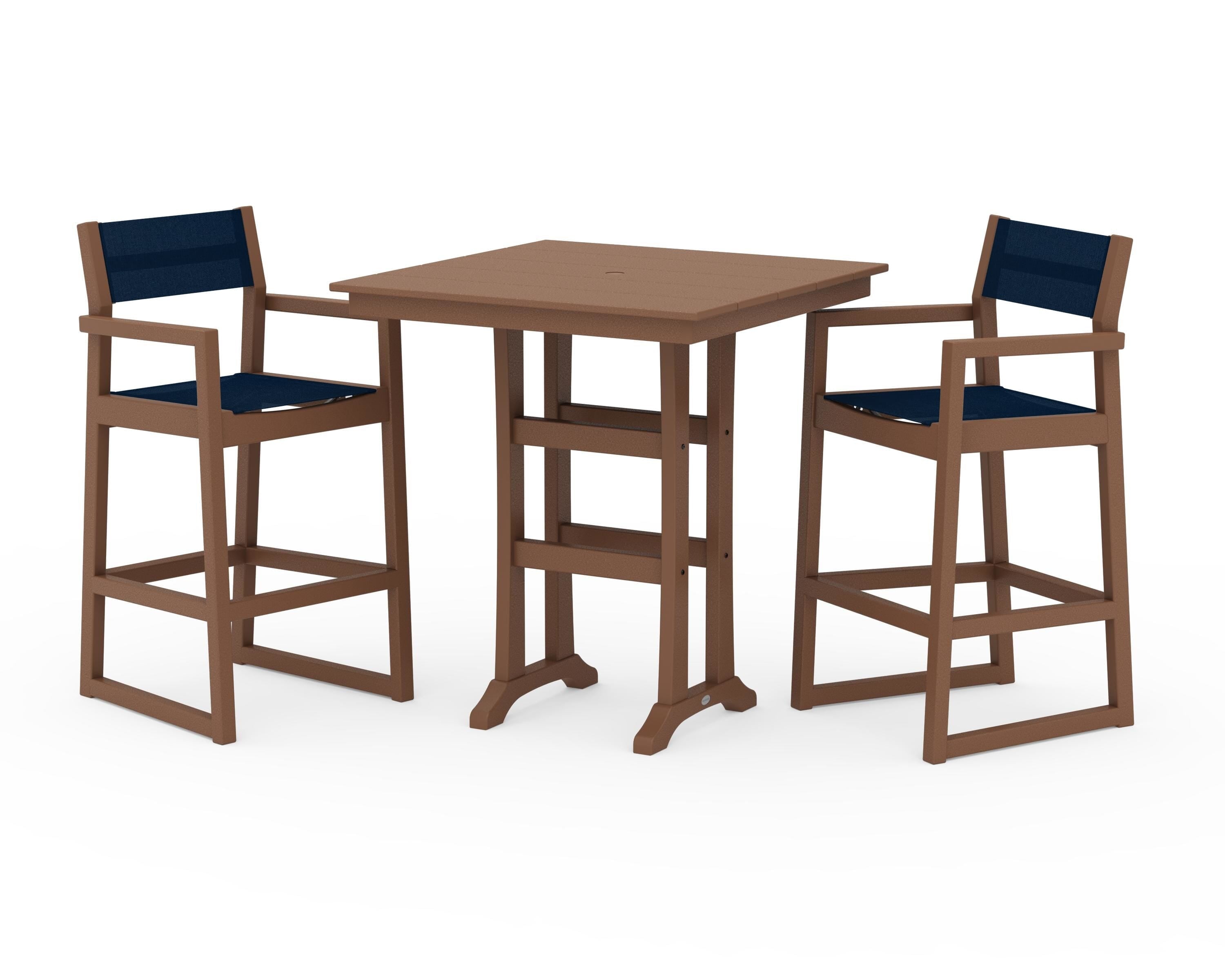POLYWOOD EDGE Sling Arm Chair 3-Piece Farmhouse Bar Set with Trestle Legs in Teak / Navy Blue Sling