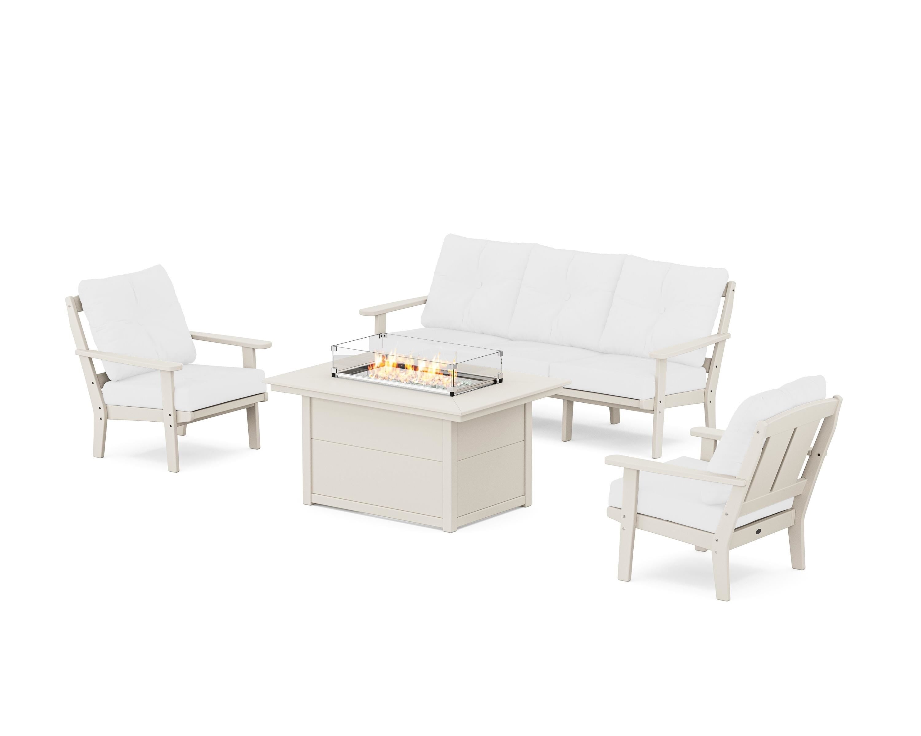 POLYWOOD Mission Deep Seating Fire Pit Table Set in Sand / Natural