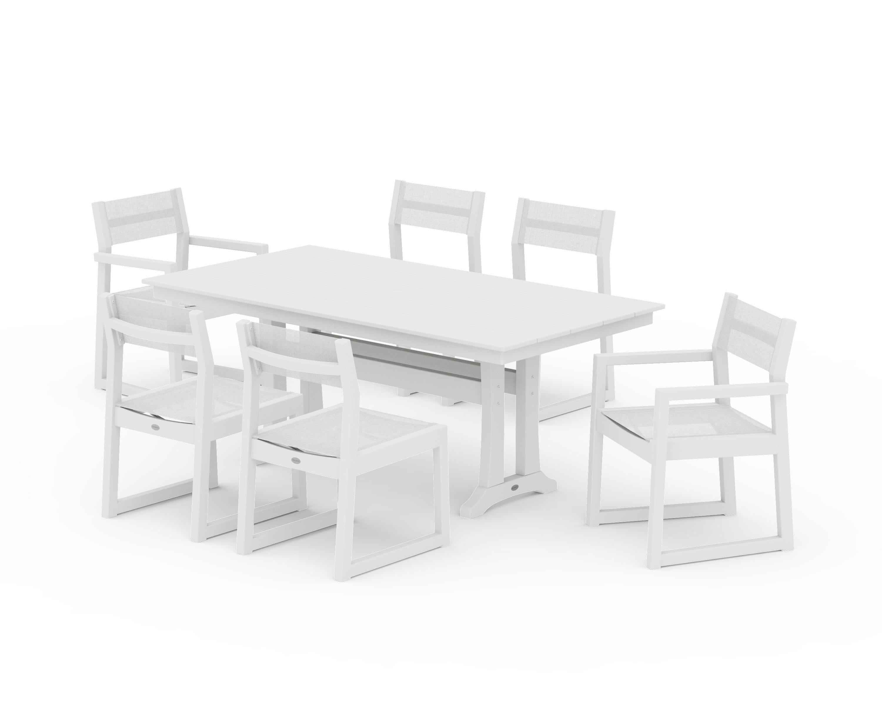 POLYWOOD EDGE Sling 7-Piece Farmhouse Trestle Dining Set in White / White Sling