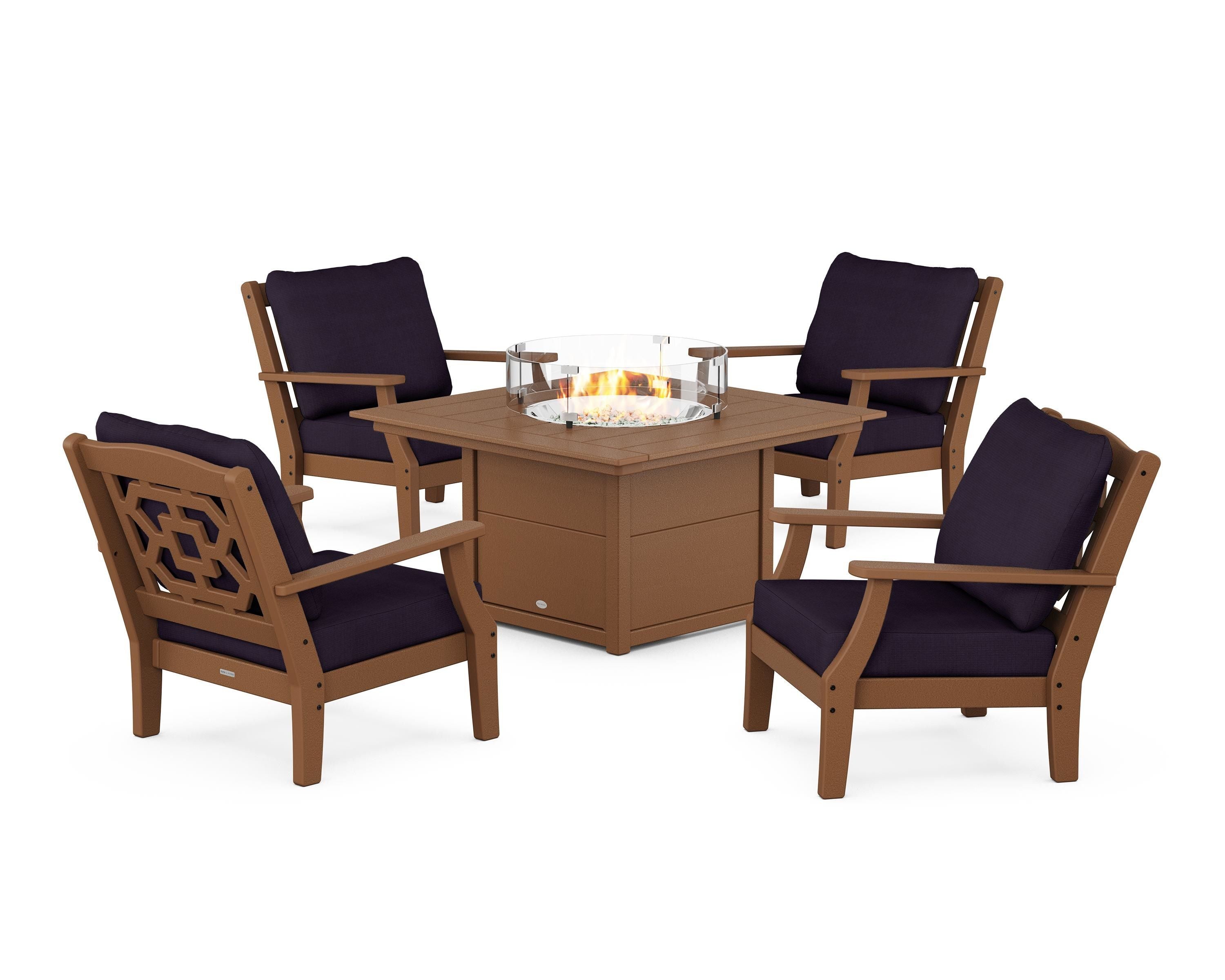 Martha Stewart by POLYWOOD Chinoiserie 5-Piece Deep Seating Set with Fire Pit Table in Teak / Navy Linen