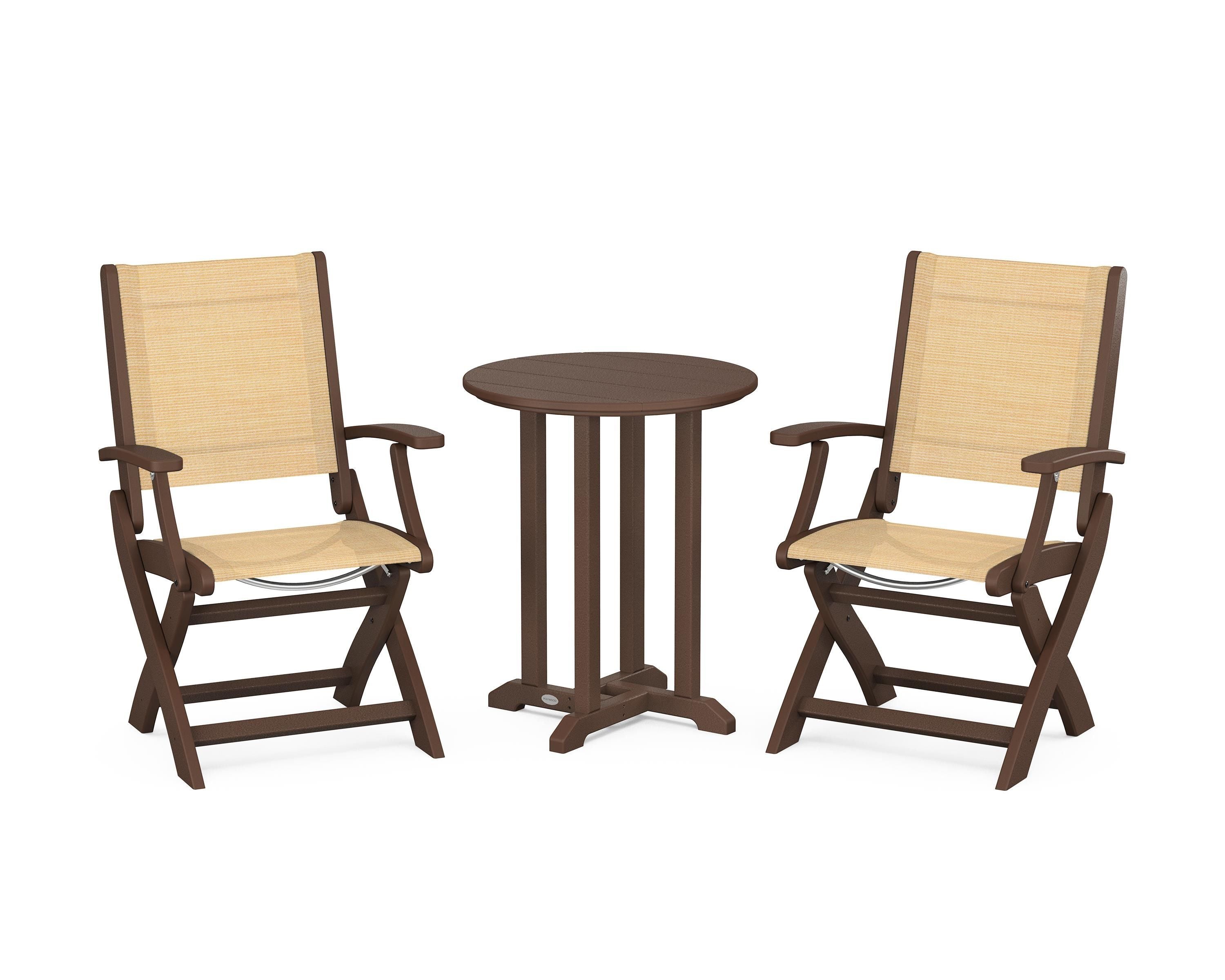 POLYWOOD Coastal Folding 3-Piece Round Bistro Dining Set in Mahogany / Dupioni Apricot Sling