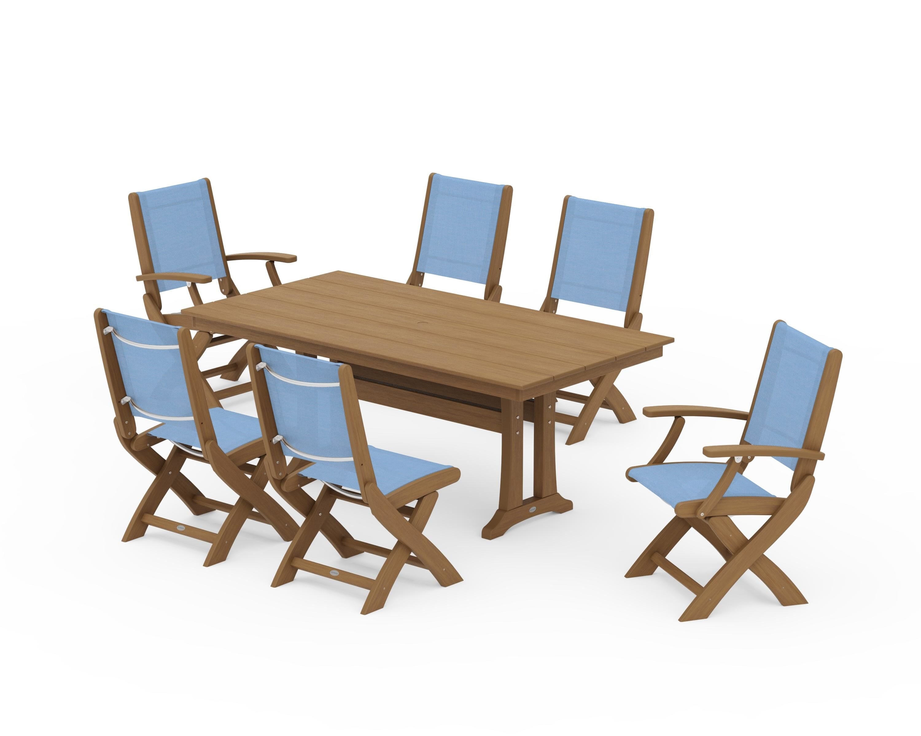 POLYWOOD Coastal Folding Chair 7-Piece Farmhouse Dining Set with Trestle Legs in Natural / Poolside Sling