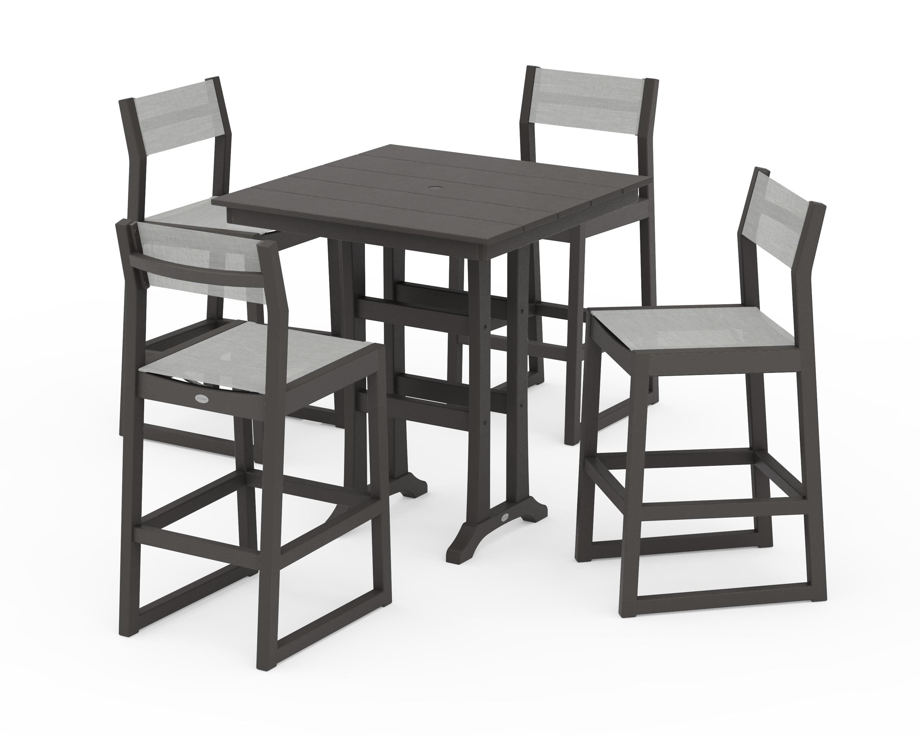 POLYWOOD EDGE Sling Arm Chair 5-Piece Farmhouse Bar Set with Trestle Legs in Vintage Coffee / Metallic Sling