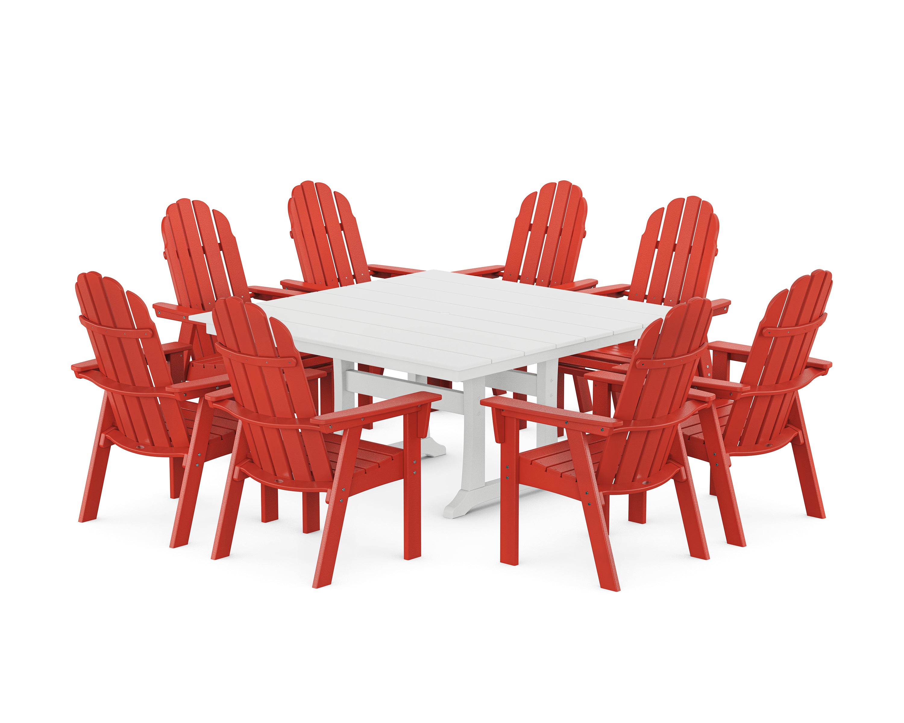 POLYWOOD Vineyard Curveback Adirondack 9-Piece Square Farmhouse Dining Set with Trestle Legs in Sunset Red / White