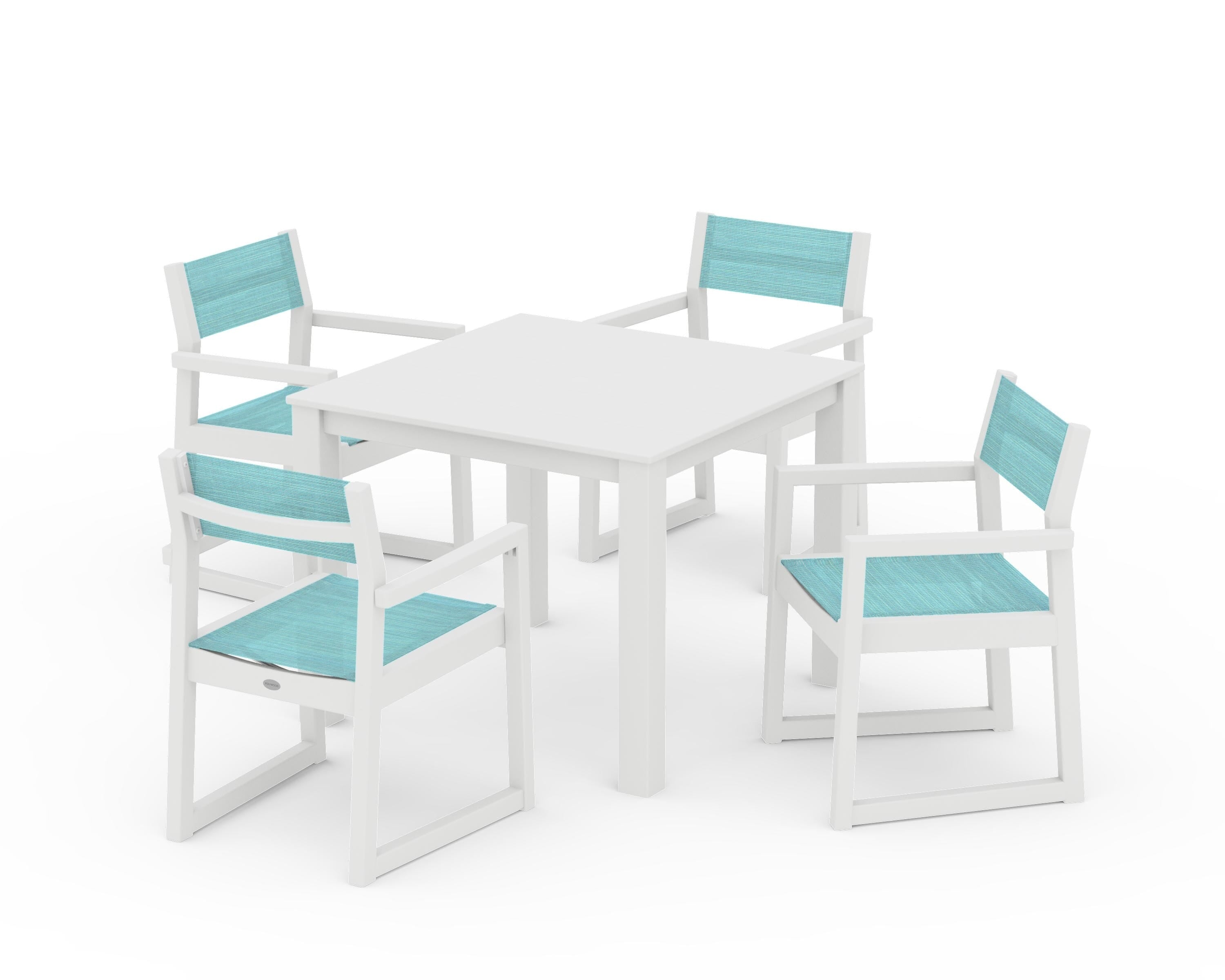 POLYWOOD EDGE Sling Arm Chair 5-Piece Parsons Dining Set in White / Dupioni Aquamarine Sling