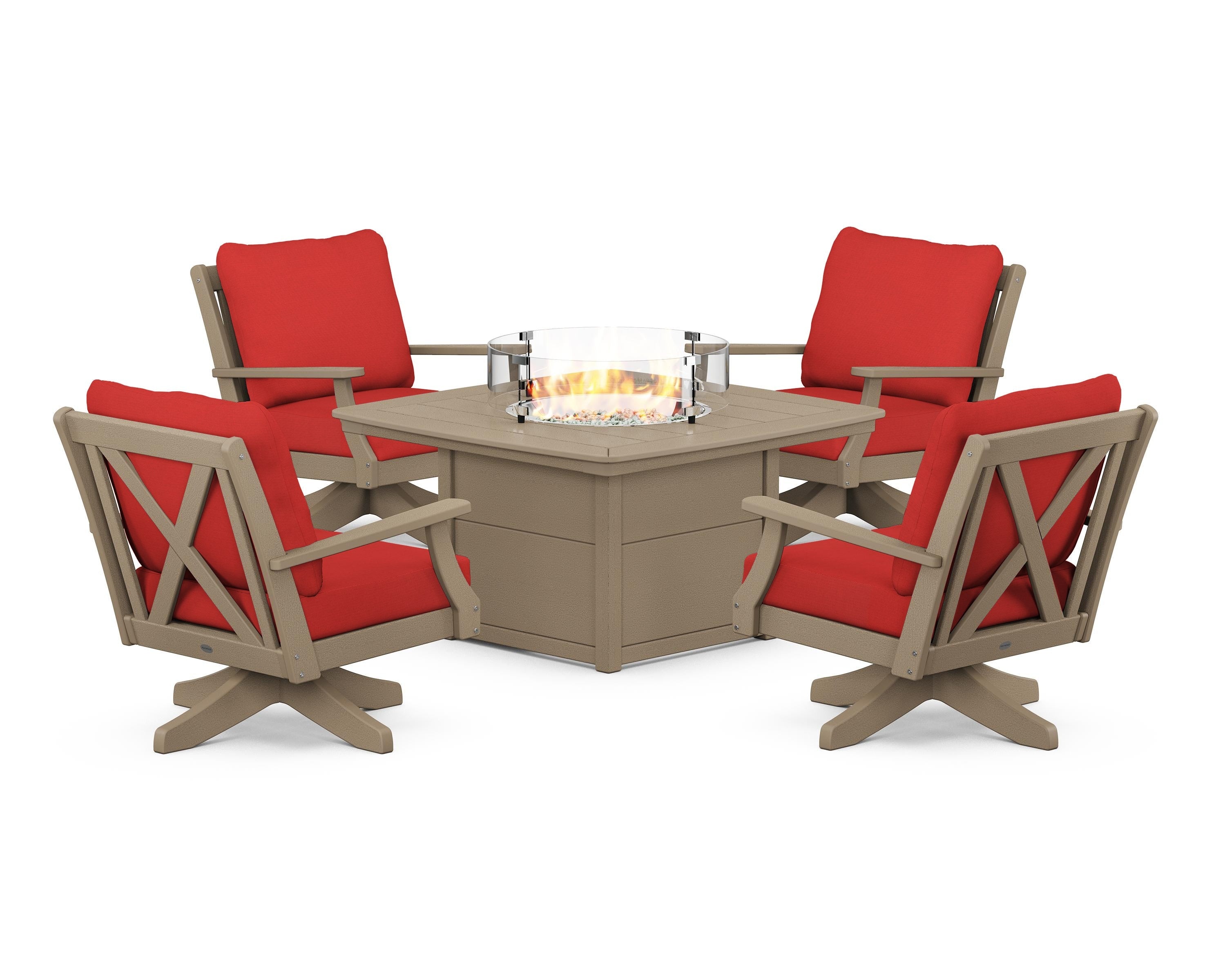 POLYWOOD Braxton 5-Piece Deep Seating Swivel Conversation Set with Fire Pit Table in Vintage Sahara / Crimson Linen