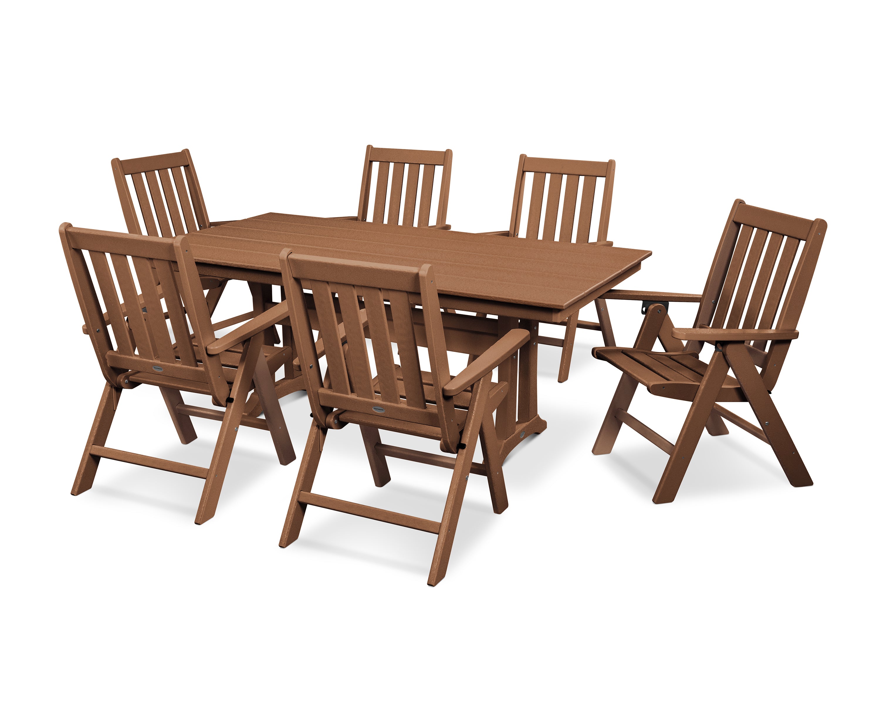 POLYWOOD® Vineyard Folding Chair 7-Piece Farmhouse Dining Set with Trestle Legs in Teak