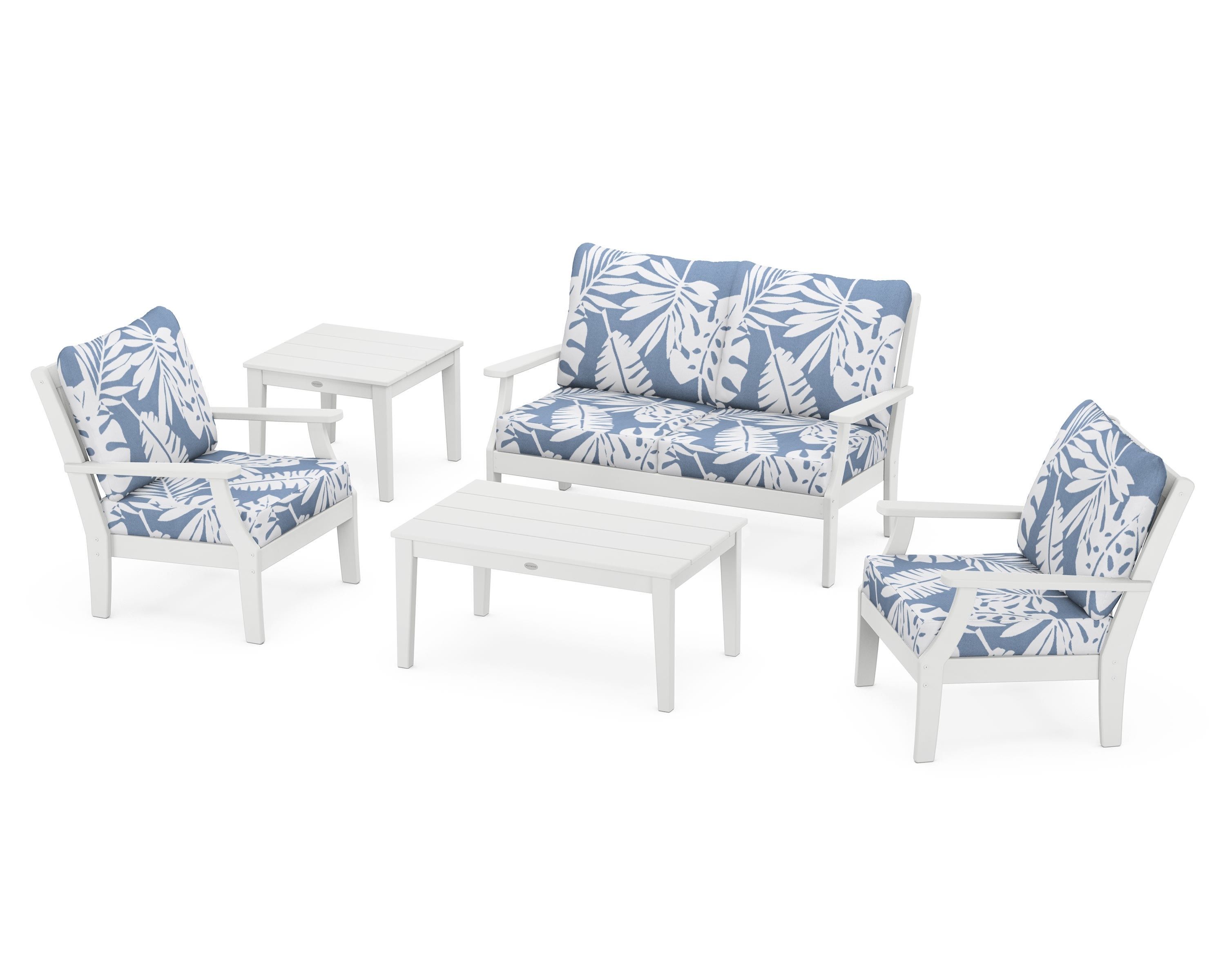 POLYWOOD Braxton 5-Piece Deep Seating Set in White / Leaf Sky Blue