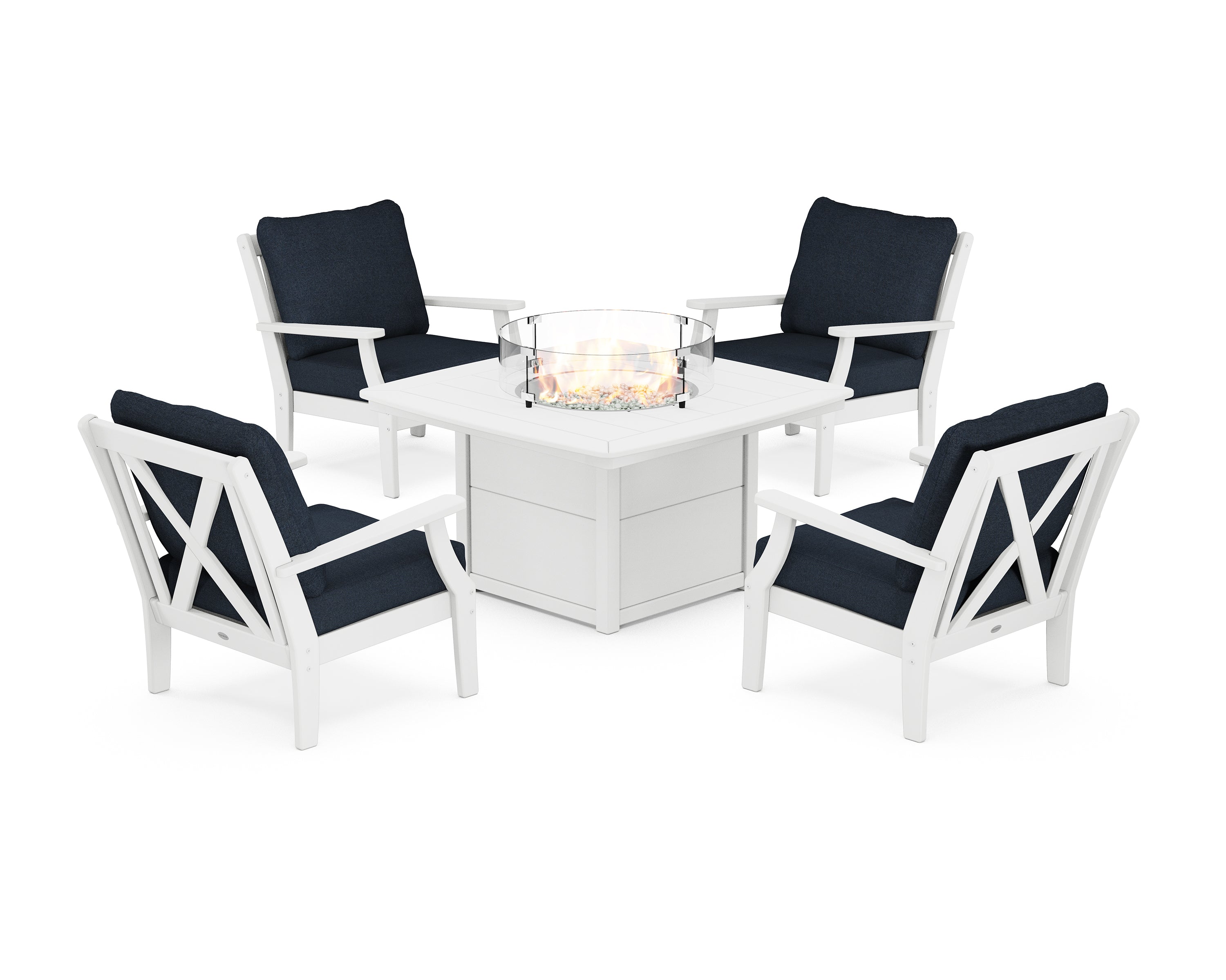POLYWOOD Braxton 5-Piece Deep Seating Conversation Set with Fire Pit Table in White / Marine Indigo