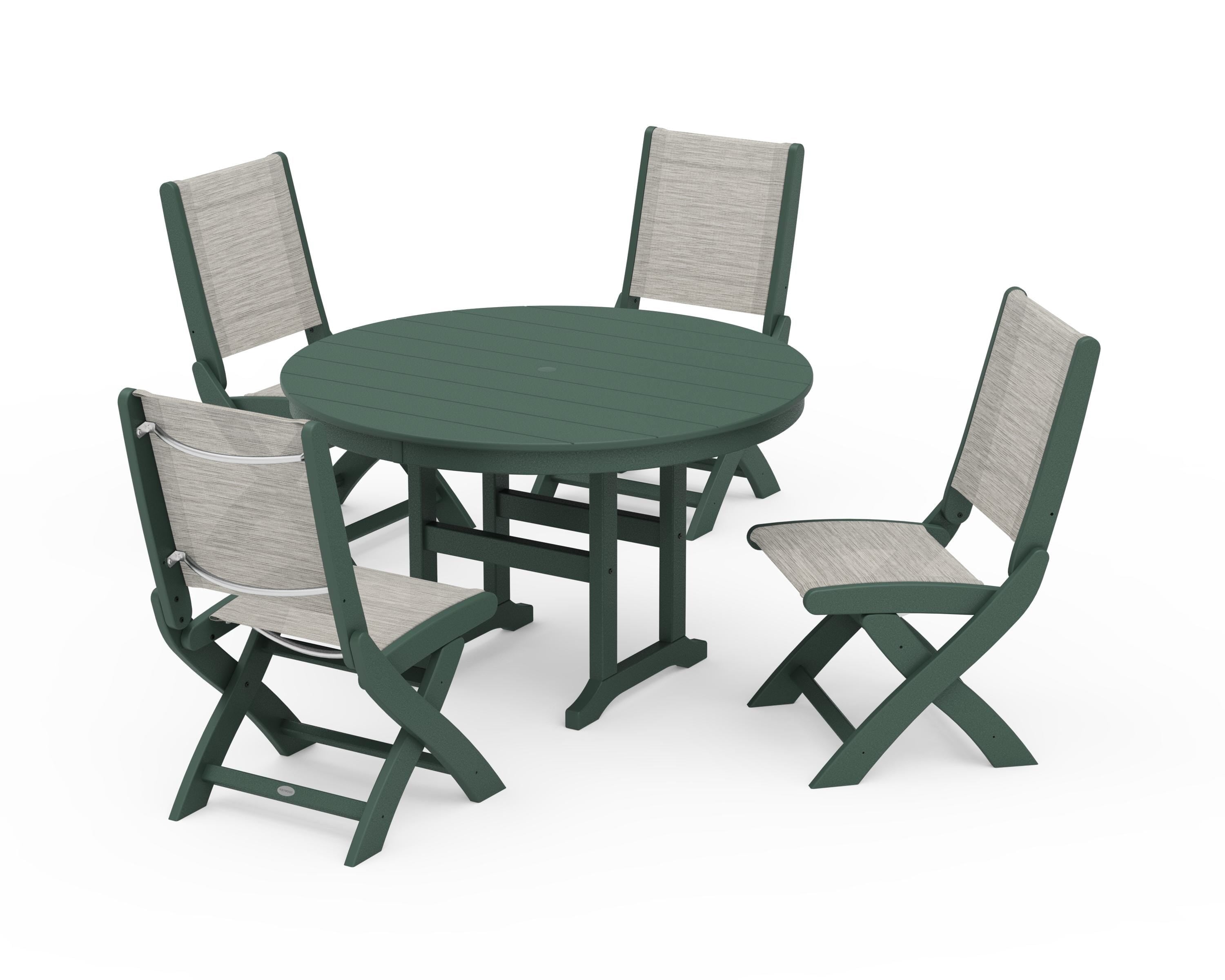 POLYWOOD Coastal Folding Side Chair 5-Piece Round Dining Set in Green / Birch Sling