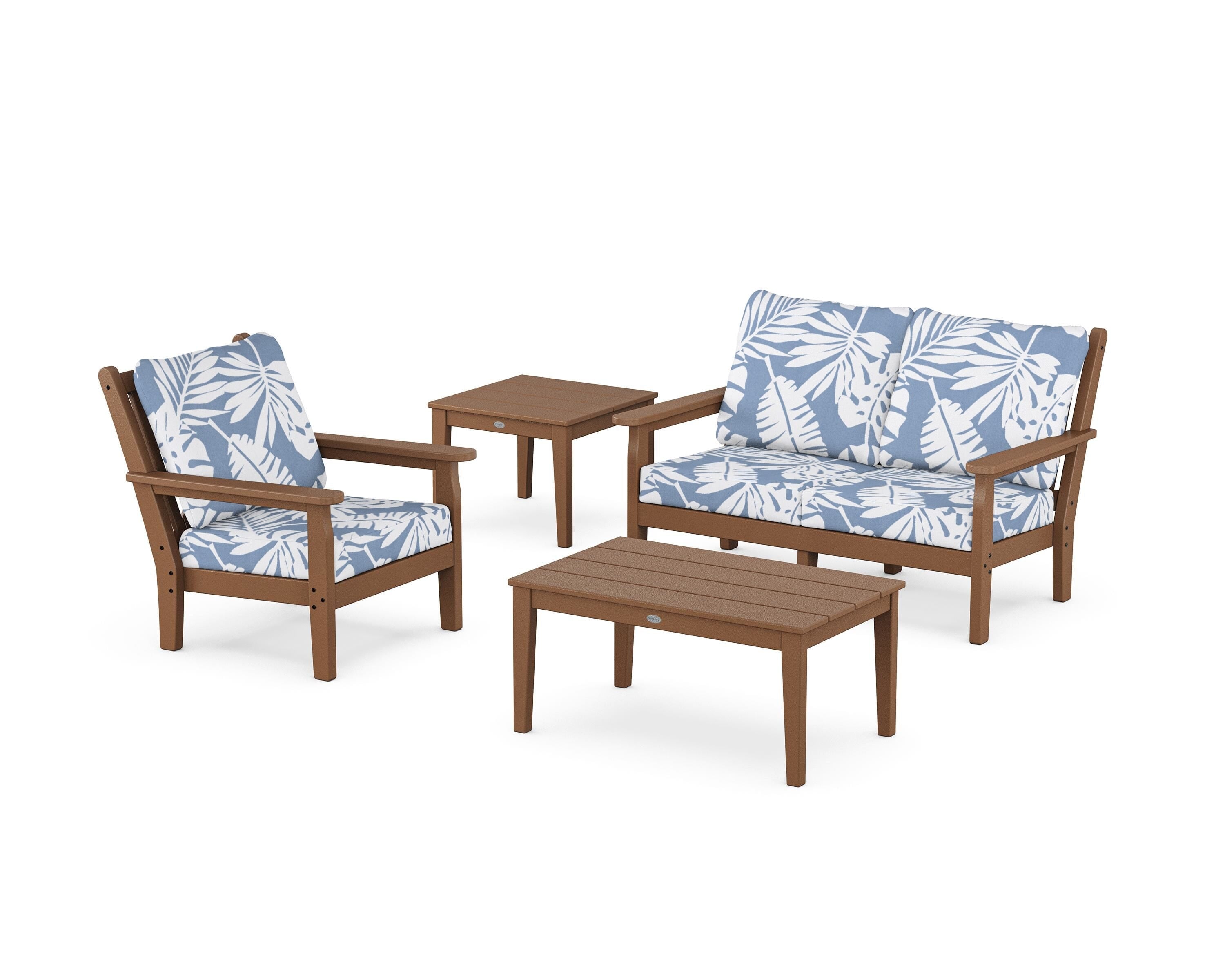 POLYWOOD Chippendale 4-Piece Deep Seating Set in Teak / Leaf Sky Blue