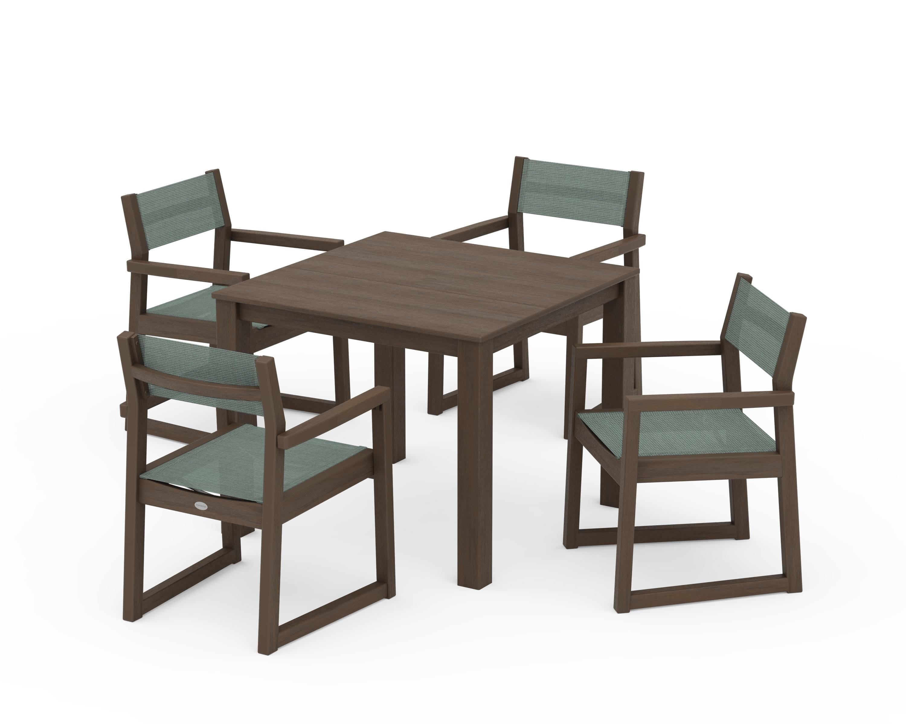 POLYWOOD EDGE Sling Arm Chair 5-Piece Parsons Dining Set in Kona / Dupioni Sea Mist Sling
