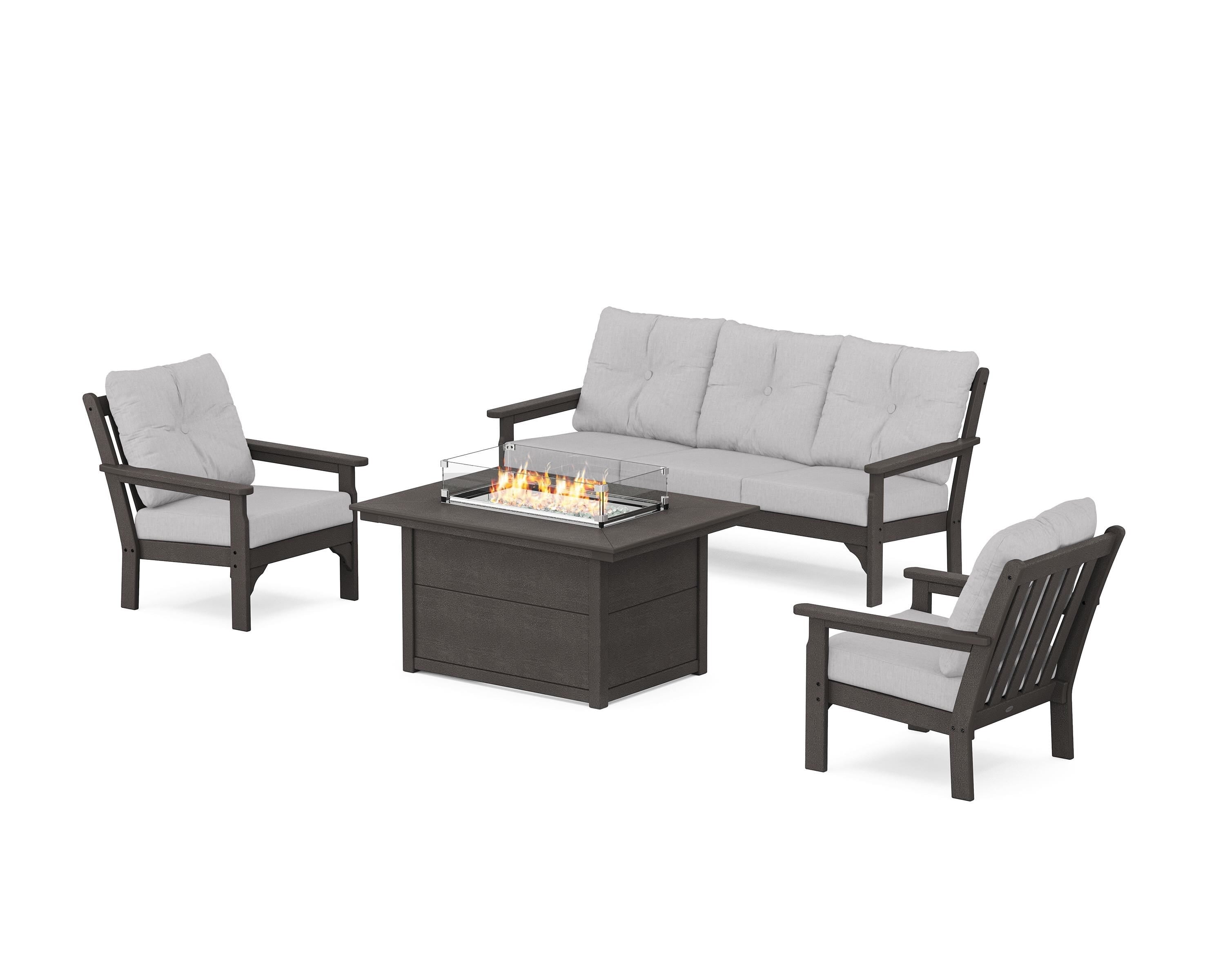 POLYWOOD Vineyard Deep Seating Fire Pit Table Set in Vintage Coffee / Granite
