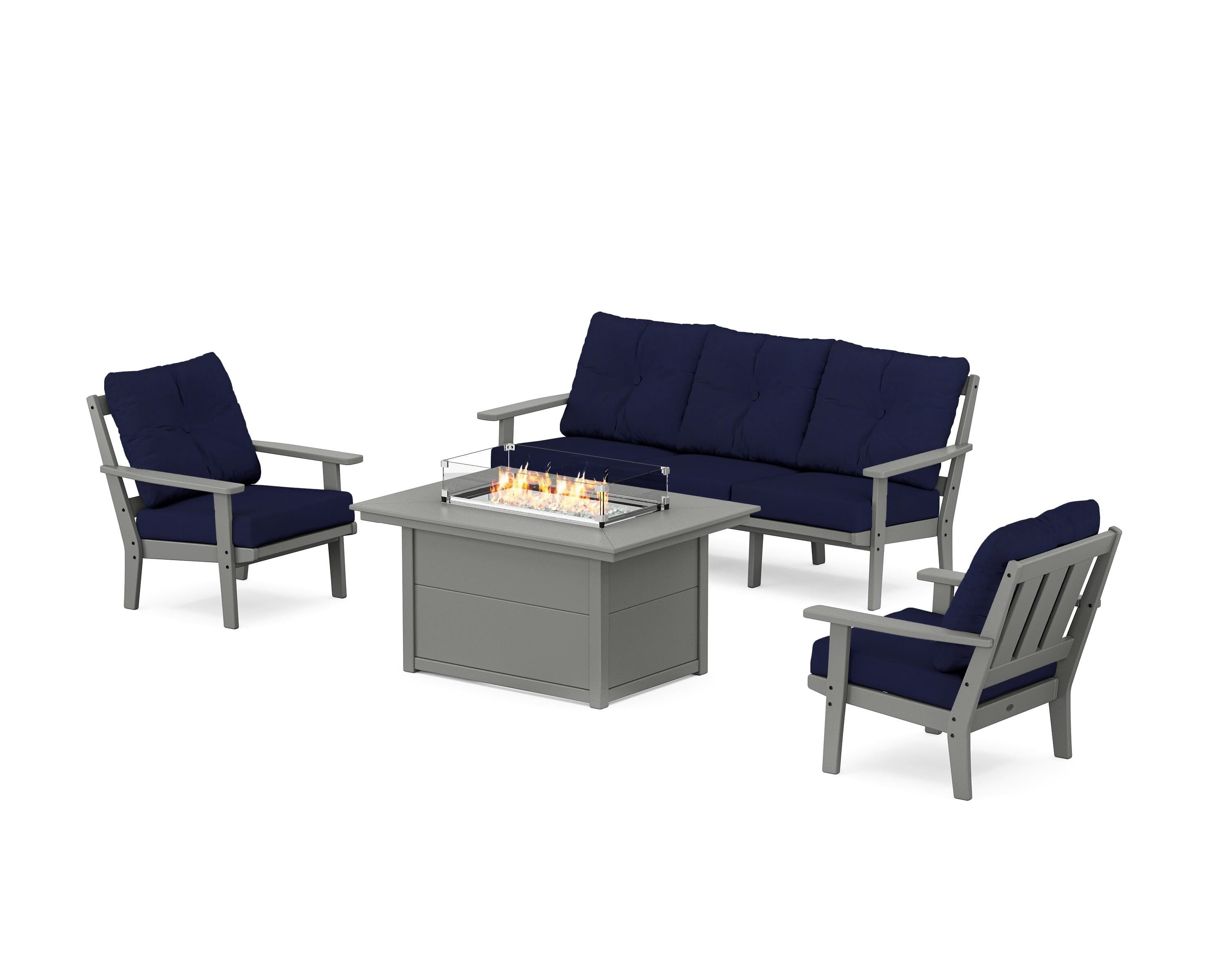 POLYWOOD Oxford Deep Seating Fire Pit Table Set in Slate Grey / Navy