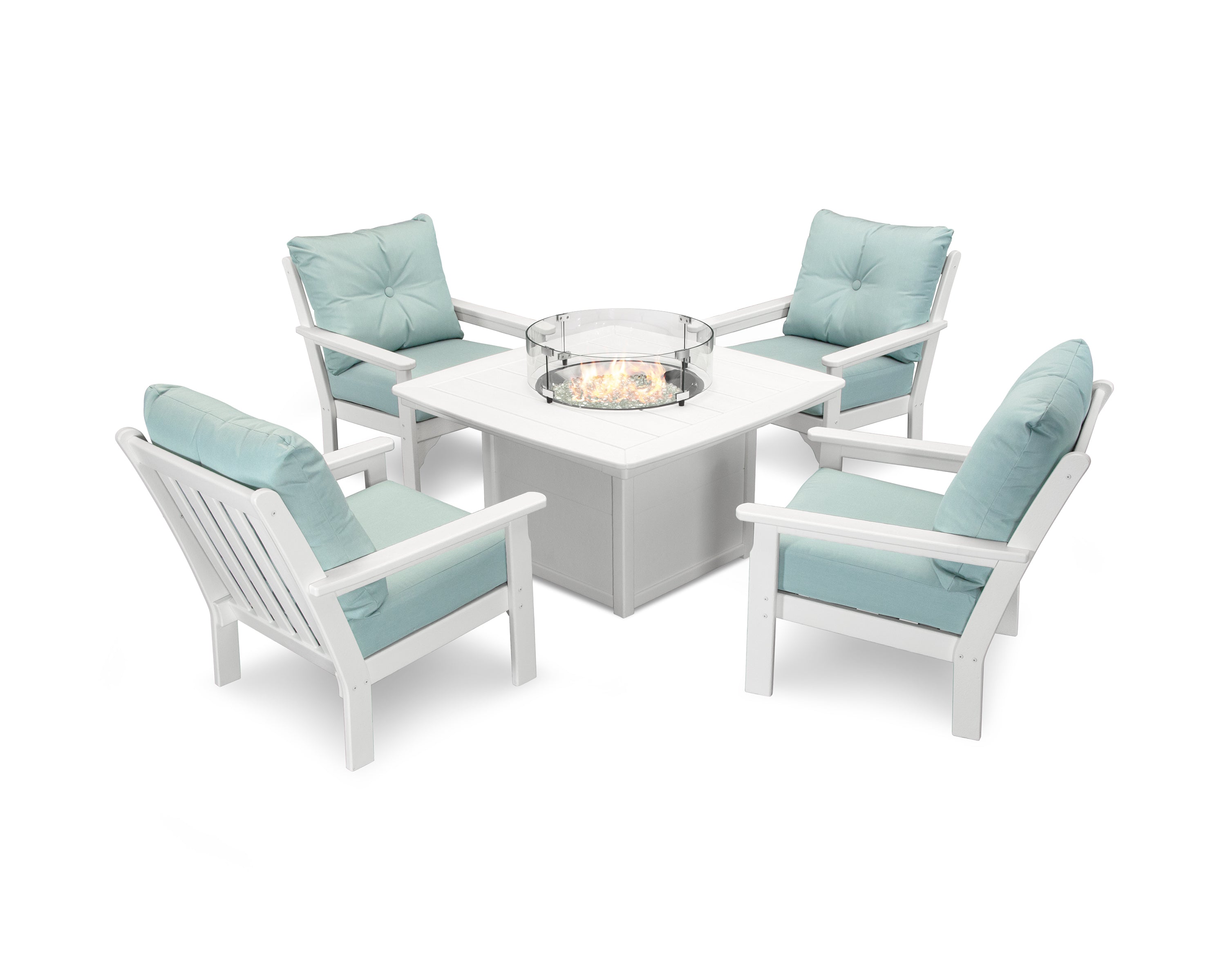 POLYWOOD Vineyard 5-Piece Conversation Set with Fire Pit Table in White / Spa