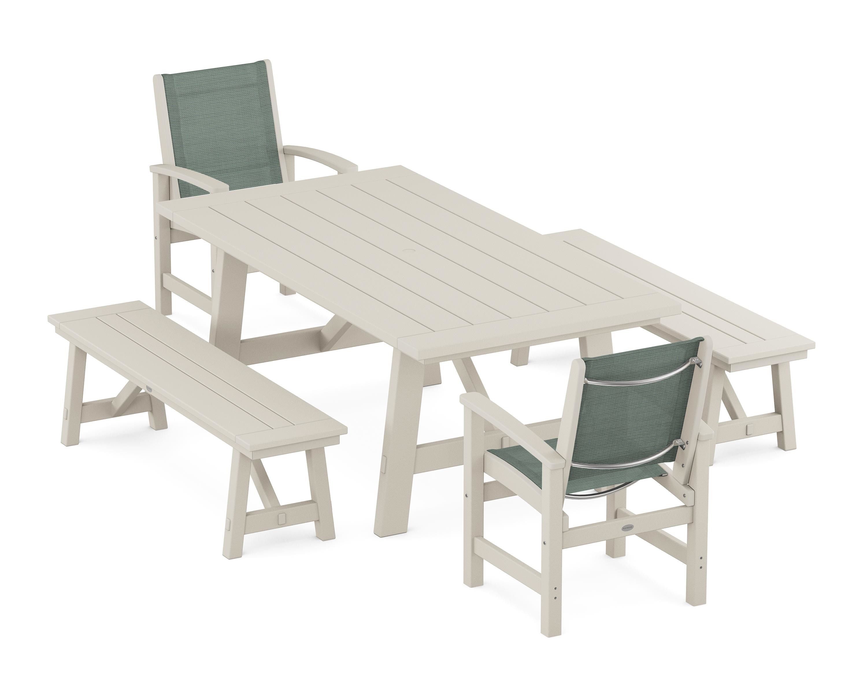 POLYWOOD Coastal 5-Piece Rustic Farmhouse Dining Set With Benches in Sand / Dupioni Sea Mist Sling