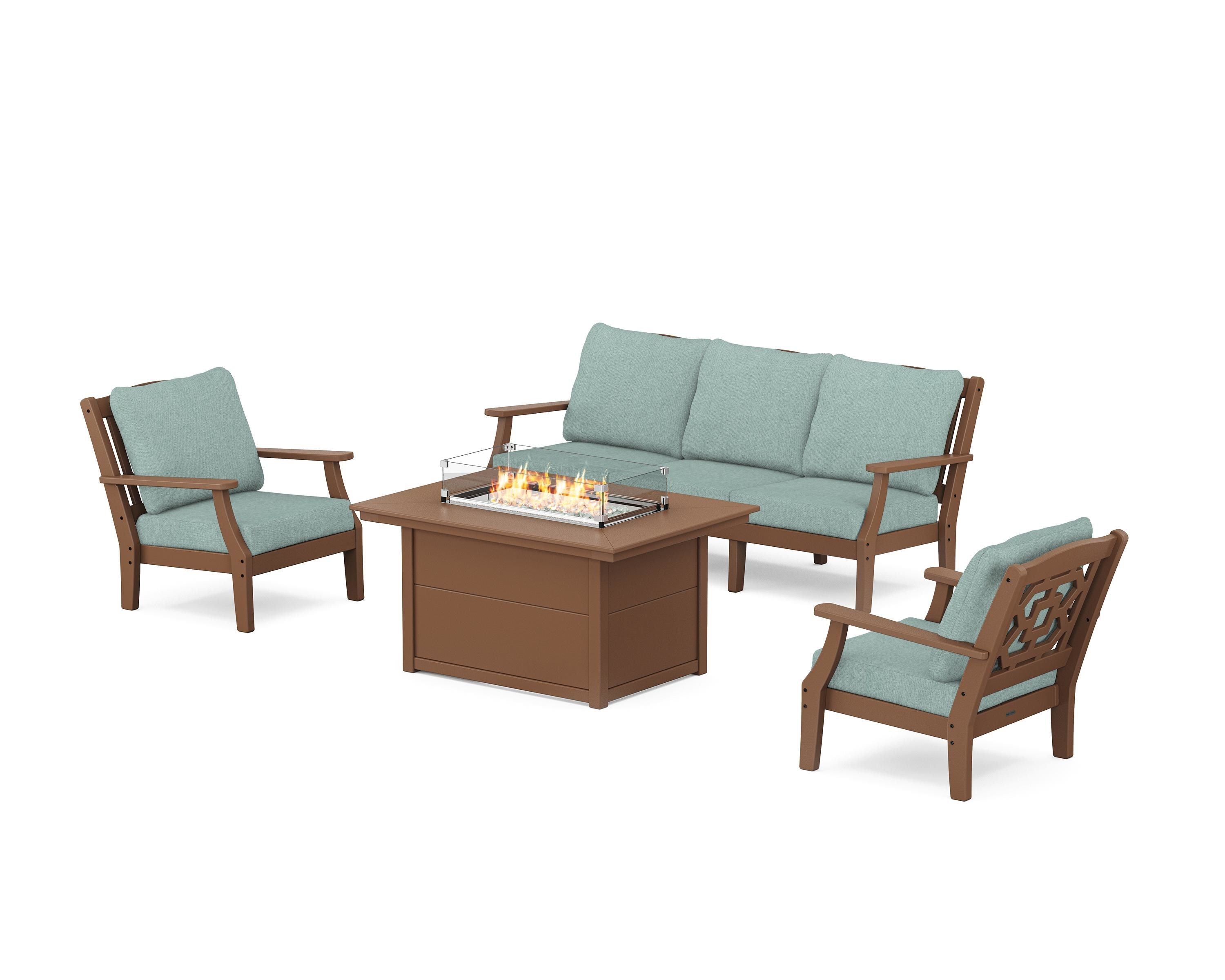 Martha Stewart by POLYWOOD Chinoiserie Deep Seating Fire Pit Table Set in Teak / Glacier Spa