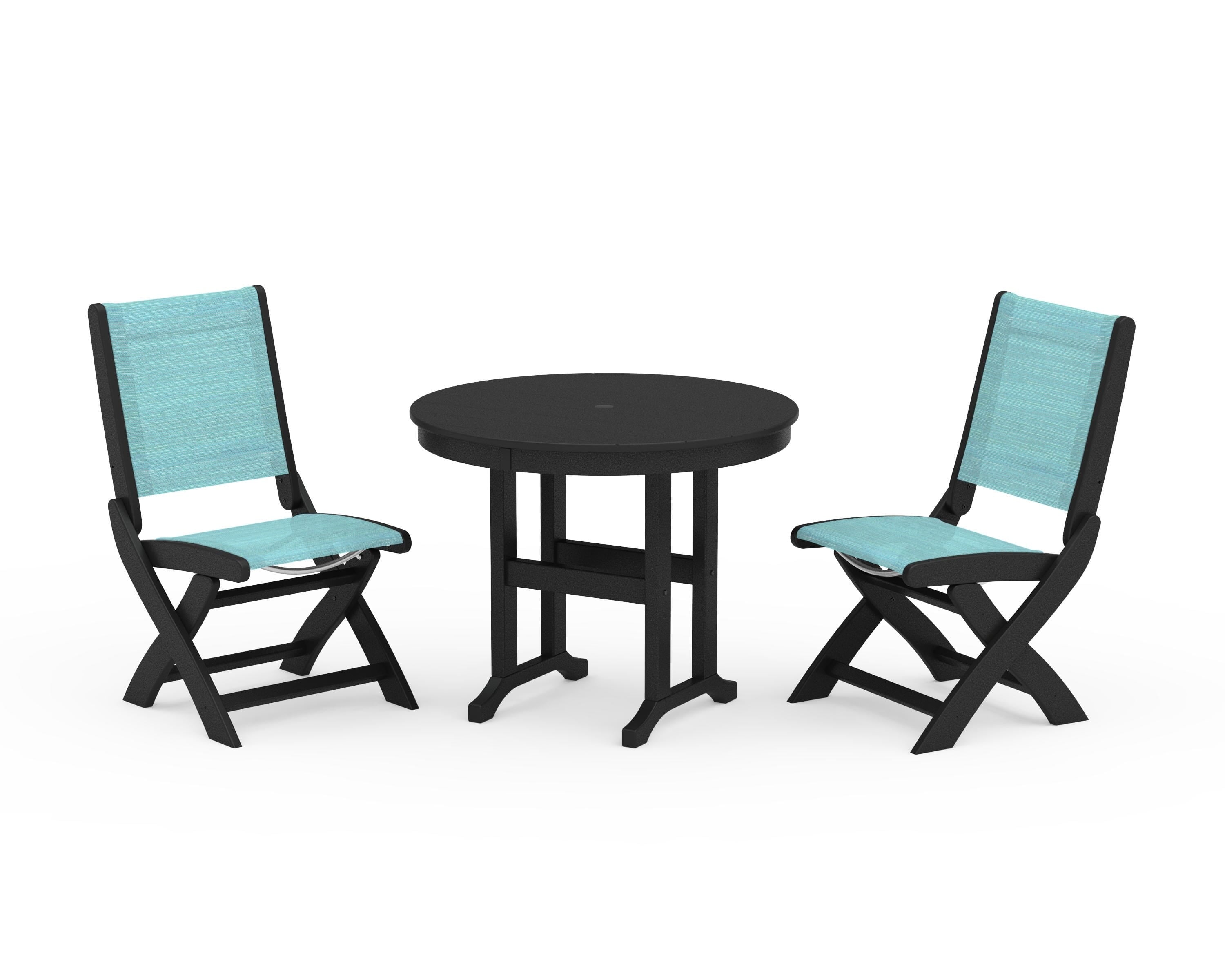 POLYWOOD Coastal Folding Side Chair 3-Piece Round Dining Set in Black / Dupioni Aquamarine Sling