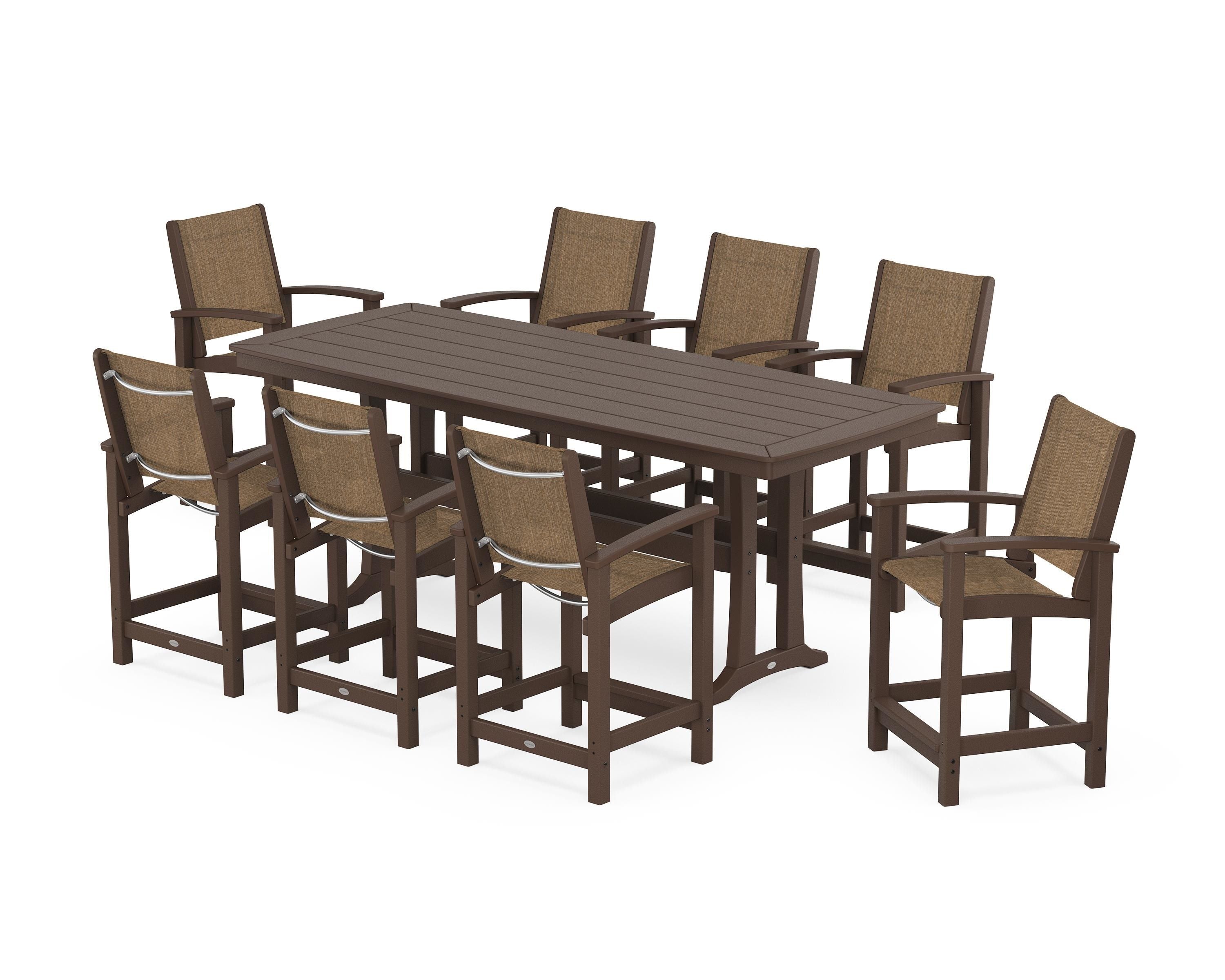 POLYWOOD Coastal 9-Piece Counter Set with Trestle Legs in Mahogany / Burlap Sling
