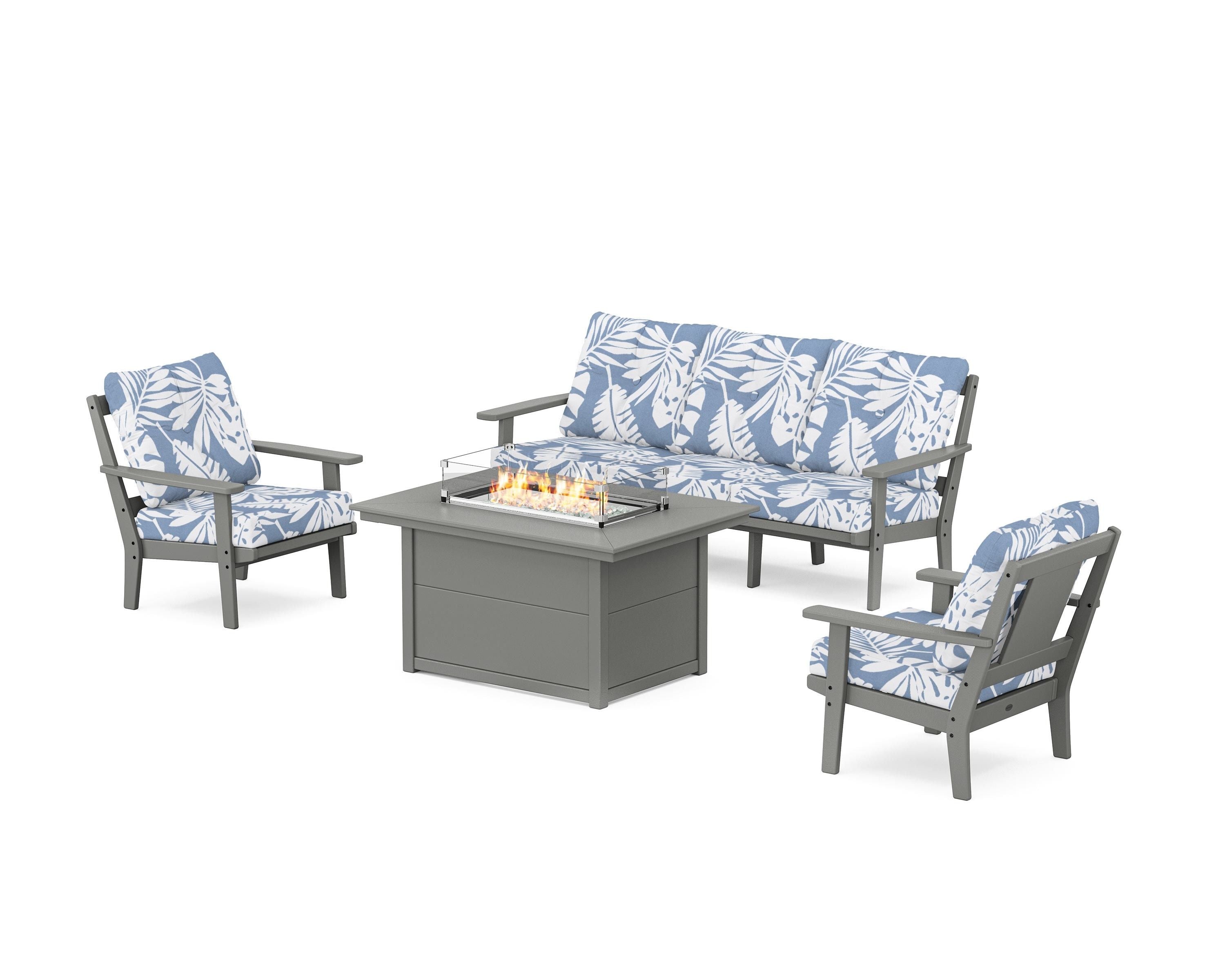 POLYWOOD Prairie Deep Seating Fire Pit Table Set in Slate Grey / Leaf Sky Blue
