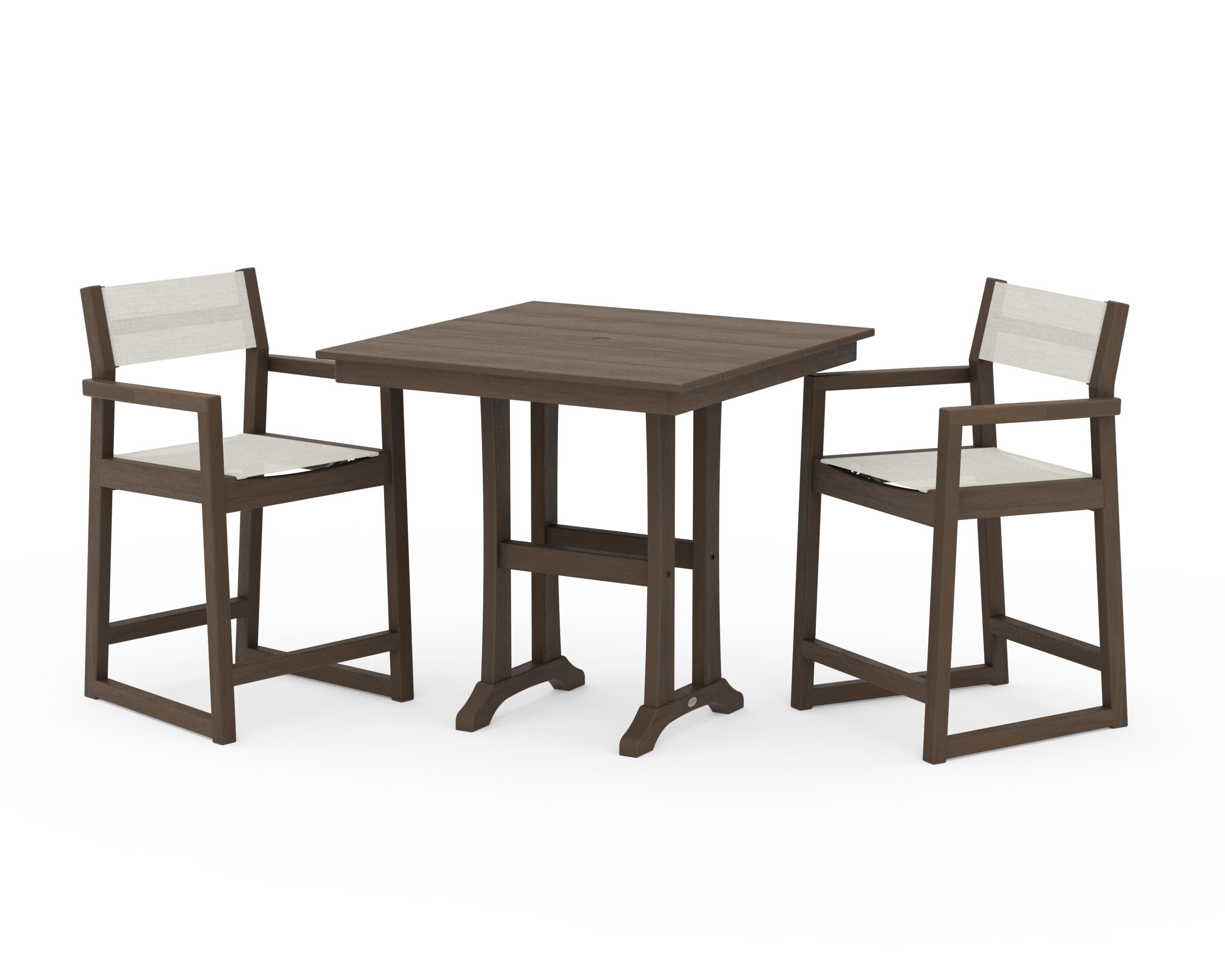 POLYWOOD EDGE Sling Arm Chair 3-Piece Farmhouse Counter Set with Trestle Legs in Kona / Parchment Sling
