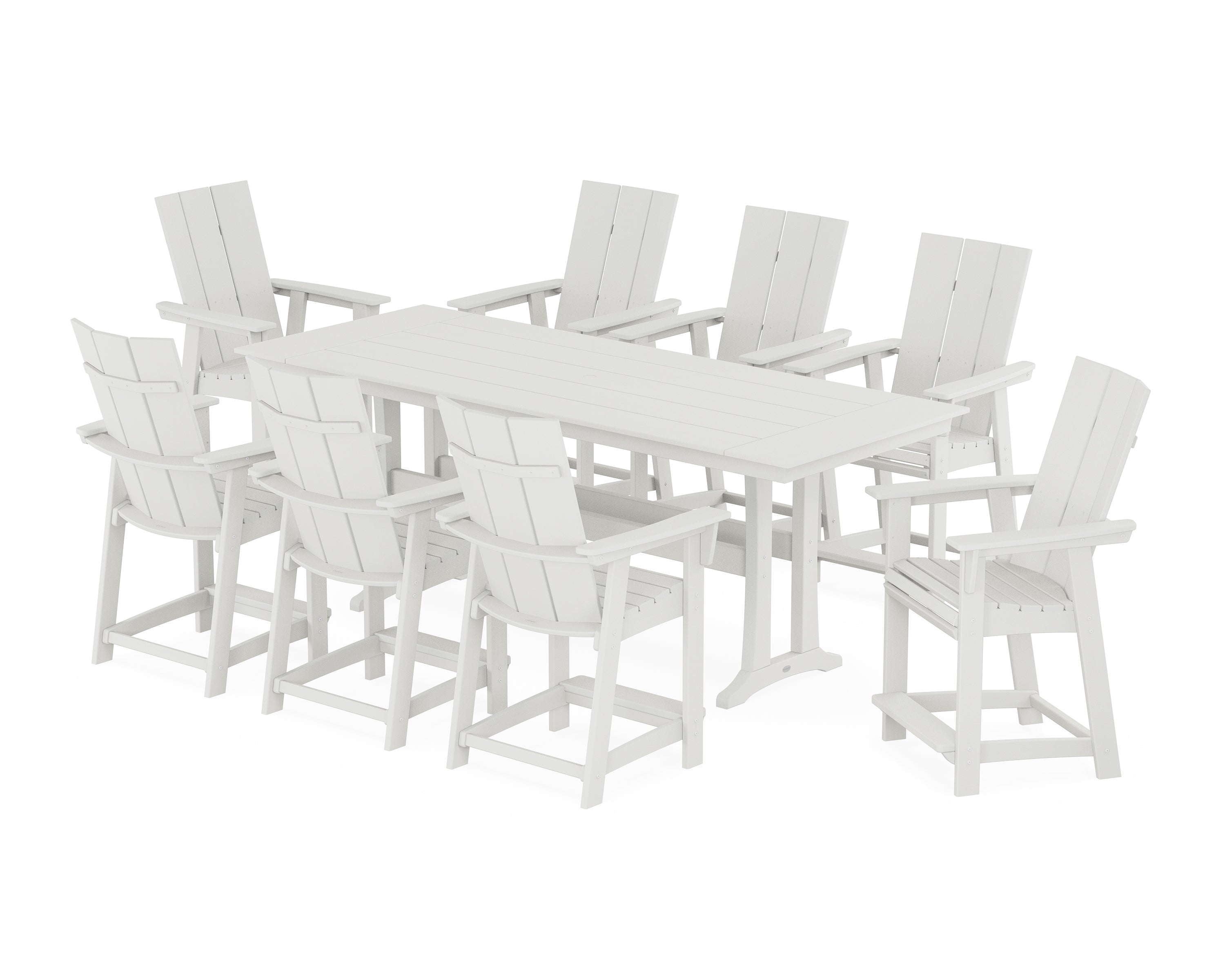 POLYWOOD® Modern Curveback Adirondack 9-Piece Farmhouse Counter Set with Trestle Legs in Vintage White