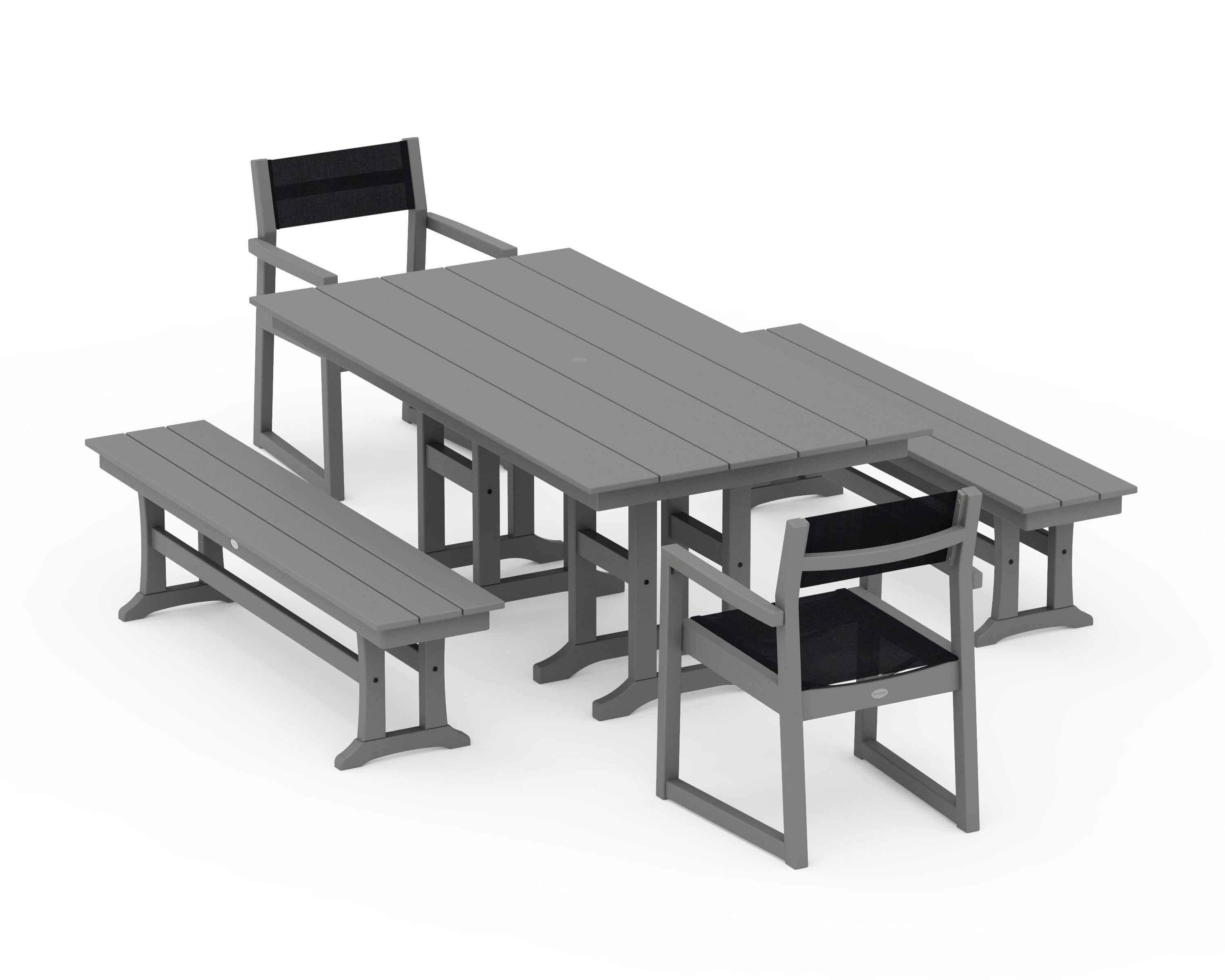 POLYWOOD EDGE Sling Arm Chair 5-Piece Farmhouse Dining Set with Benches in Slate Grey / Black Sling