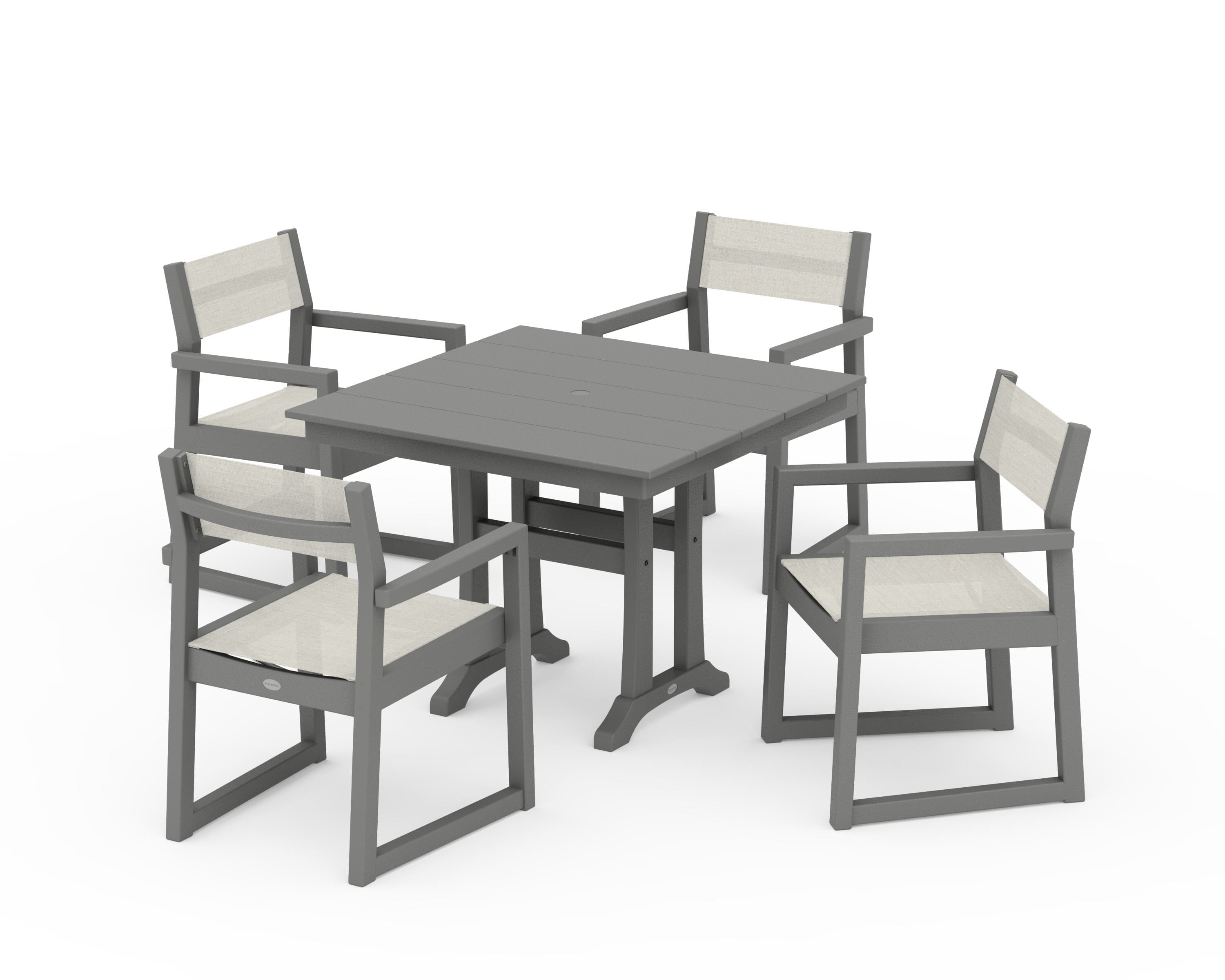 POLYWOOD EDGE Sling 5-Piece Farmhouse Dining Set with Trestle Legs in Slate Grey / Parchment Sling