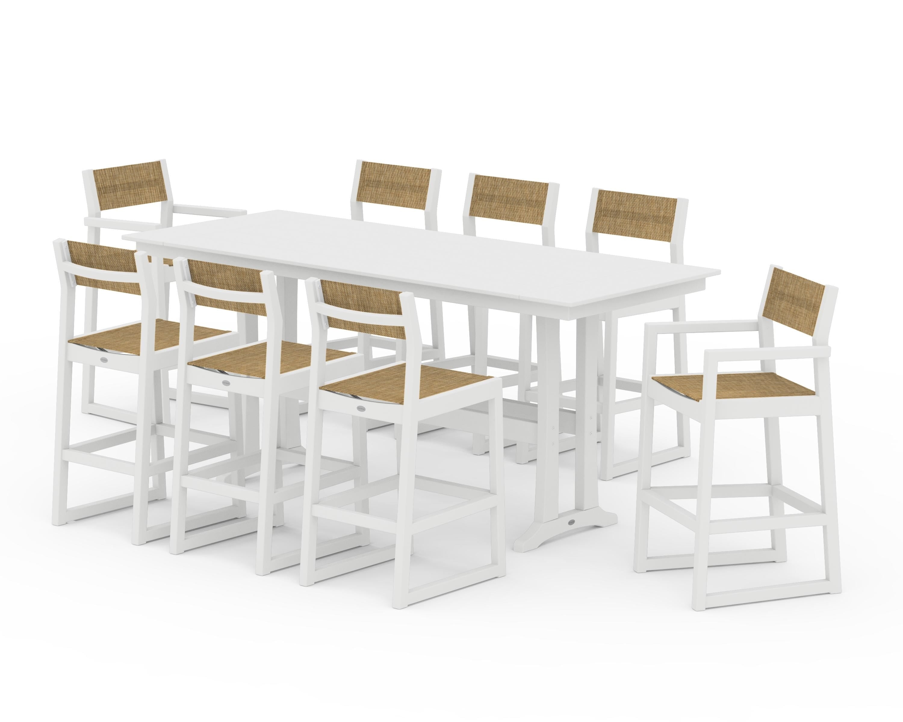 POLYWOOD EDGE Sling 9-Piece Farmhouse Bar Set with Trestle Legs in White / Burlap Sling