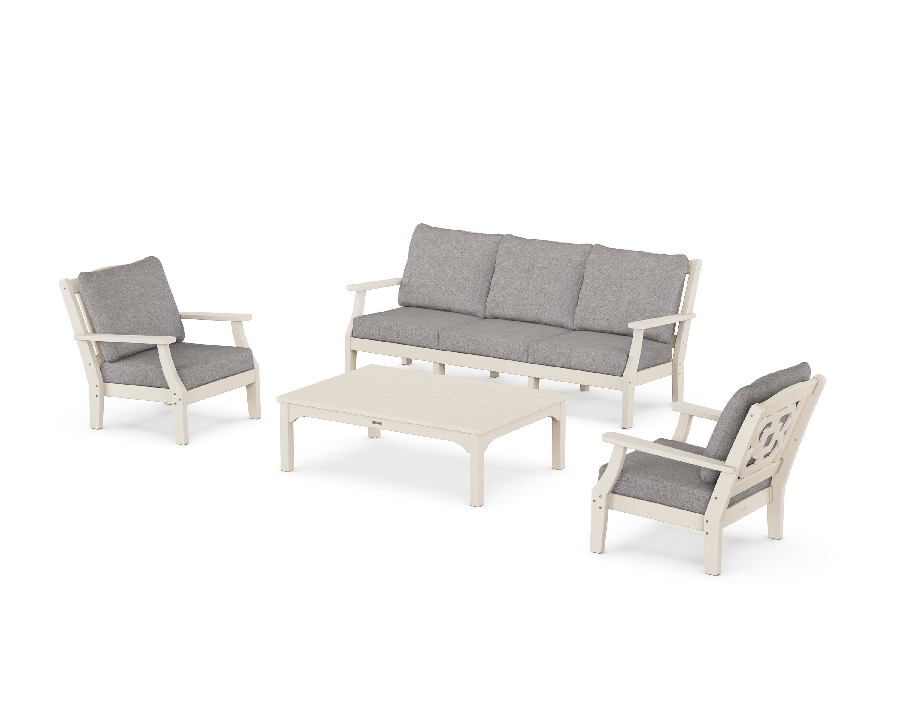 Martha Stewart by POLYWOOD Chinoiserie 4-Piece Deep Seating Set with Sofa in Sand / Grey Mist