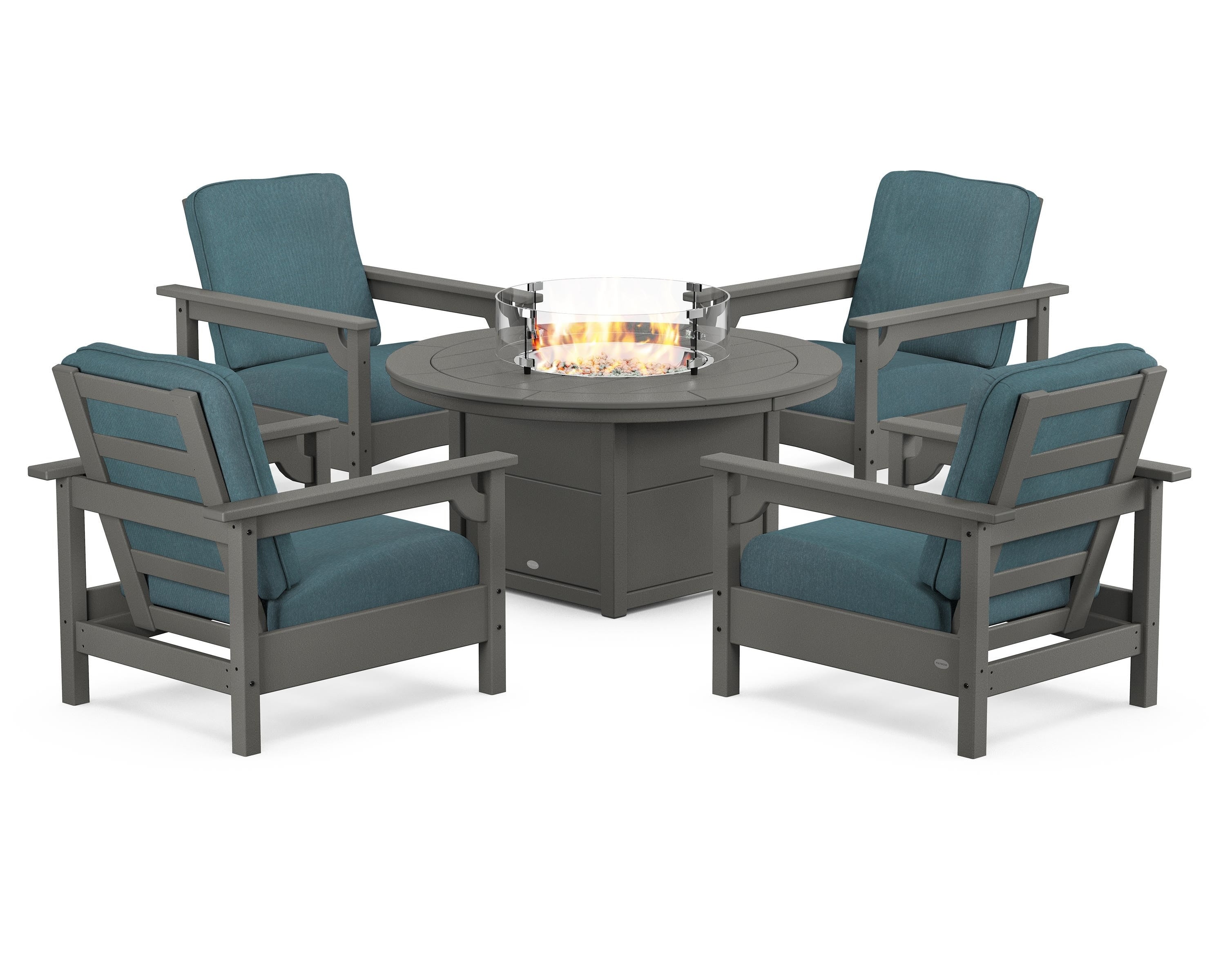POLYWOOD Club 5-Piece Conversation Set with Fire Pit Table in Slate Grey / Ocean Teal