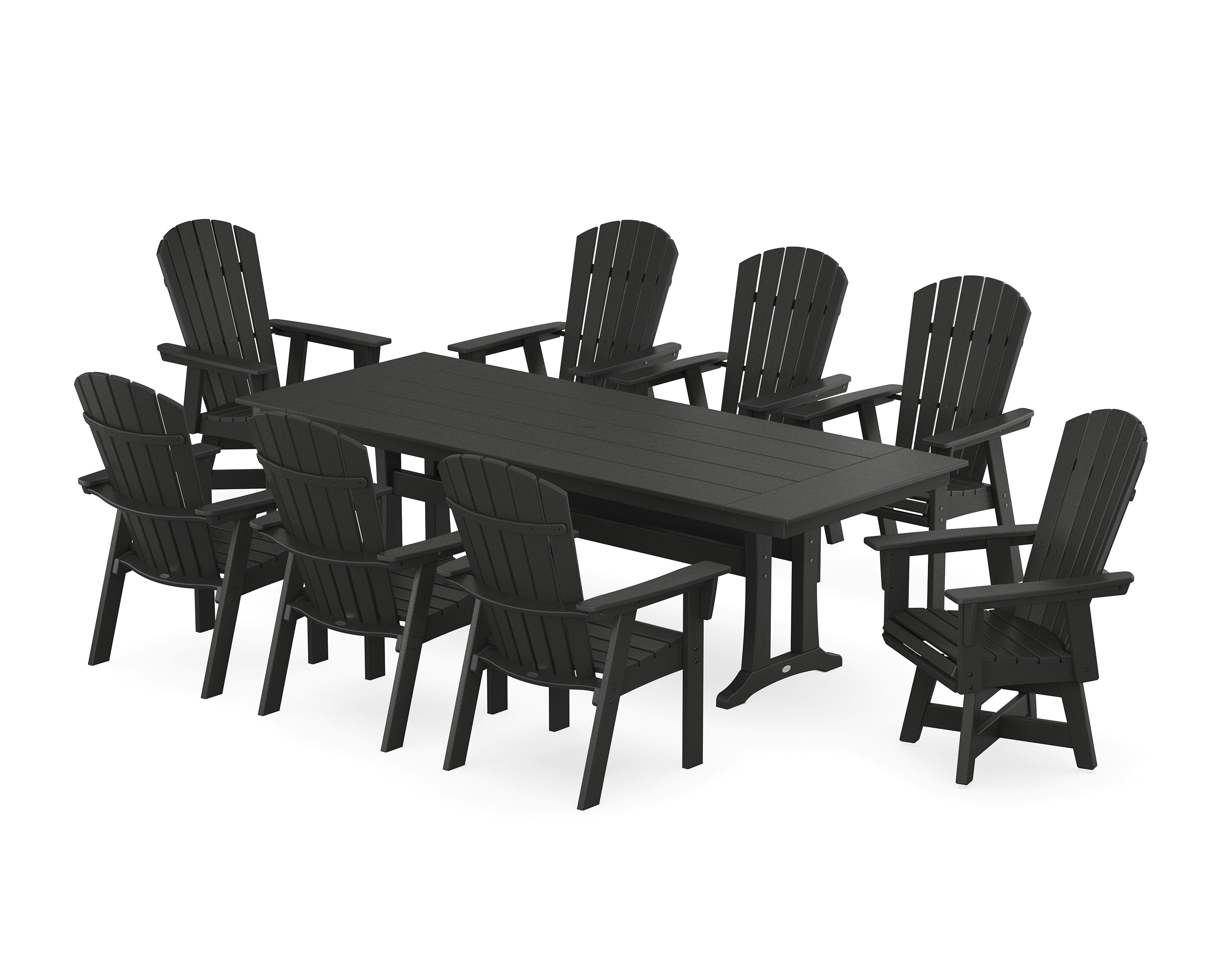 POLYWOOD® Nautical Curveback Adirondack Swivel 9-Piece Farmhouse Dining Set with Trestle Legs in Black