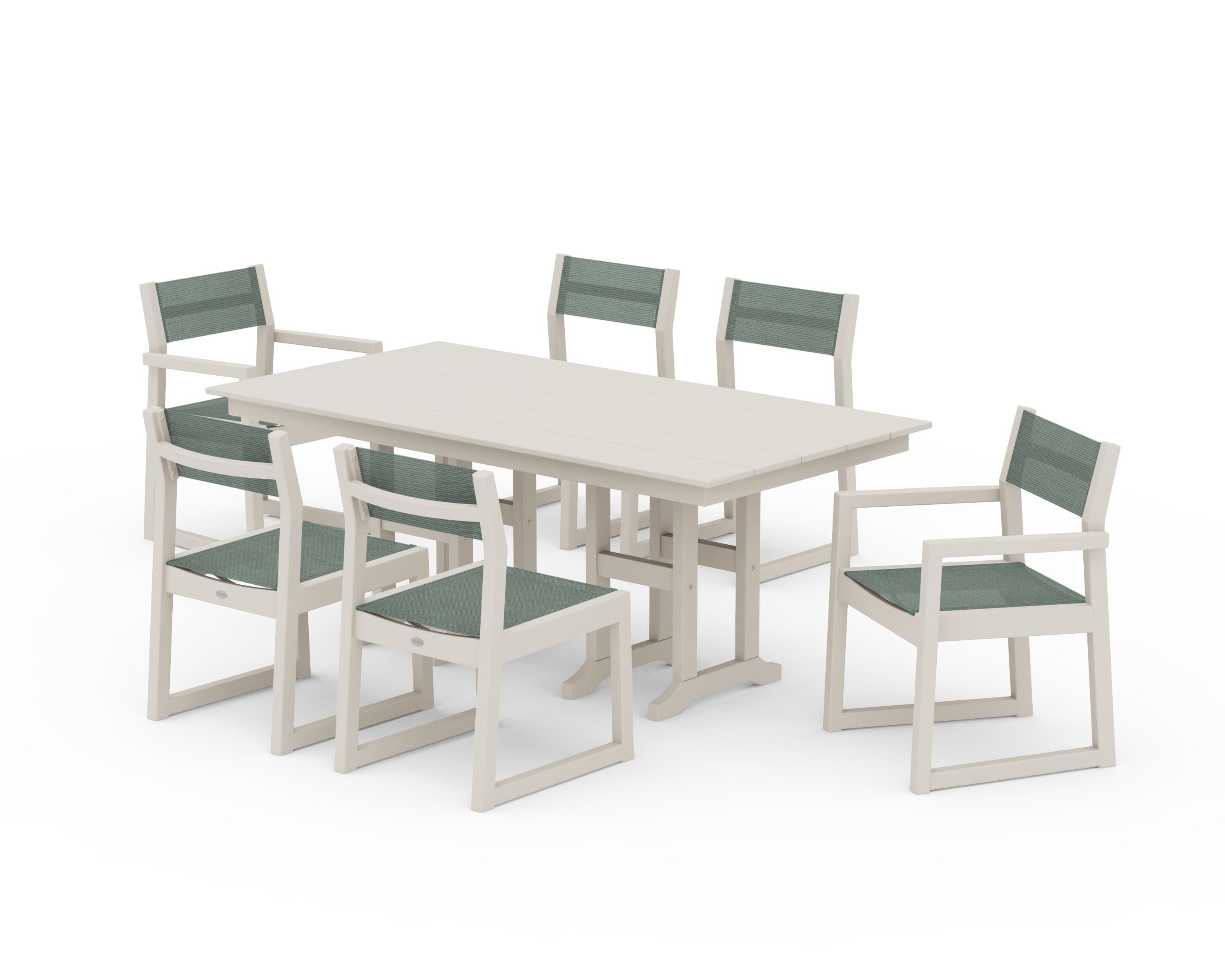 POLYWOOD EDGE Sling 7-Piece Farmhouse Dining Set in Sand / Dupioni Sea Mist Sling