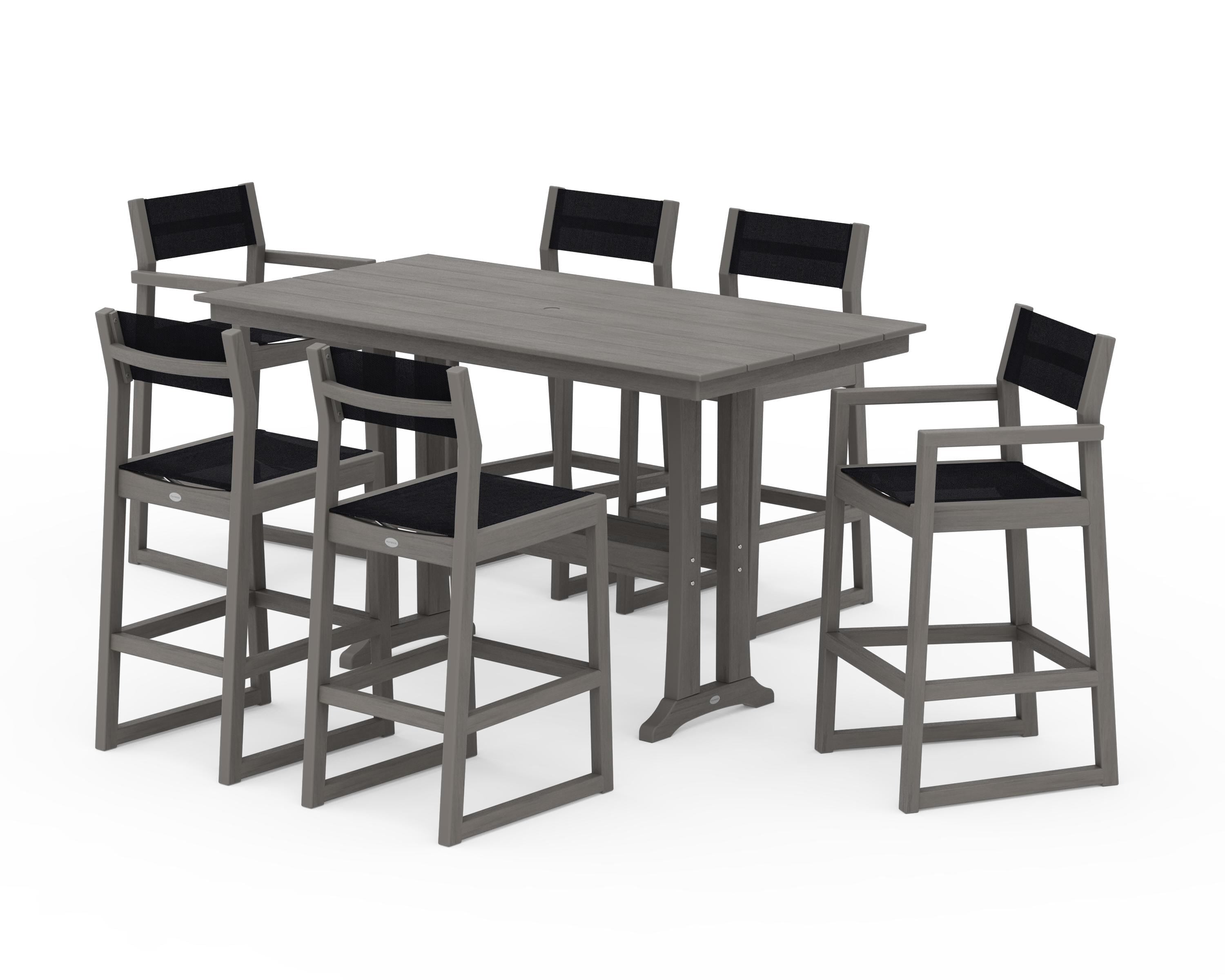 POLYWOOD EDGE Sling 7-Piece Farmhouse Bar Set with Trestle Legs in Driftwood / Black Sling