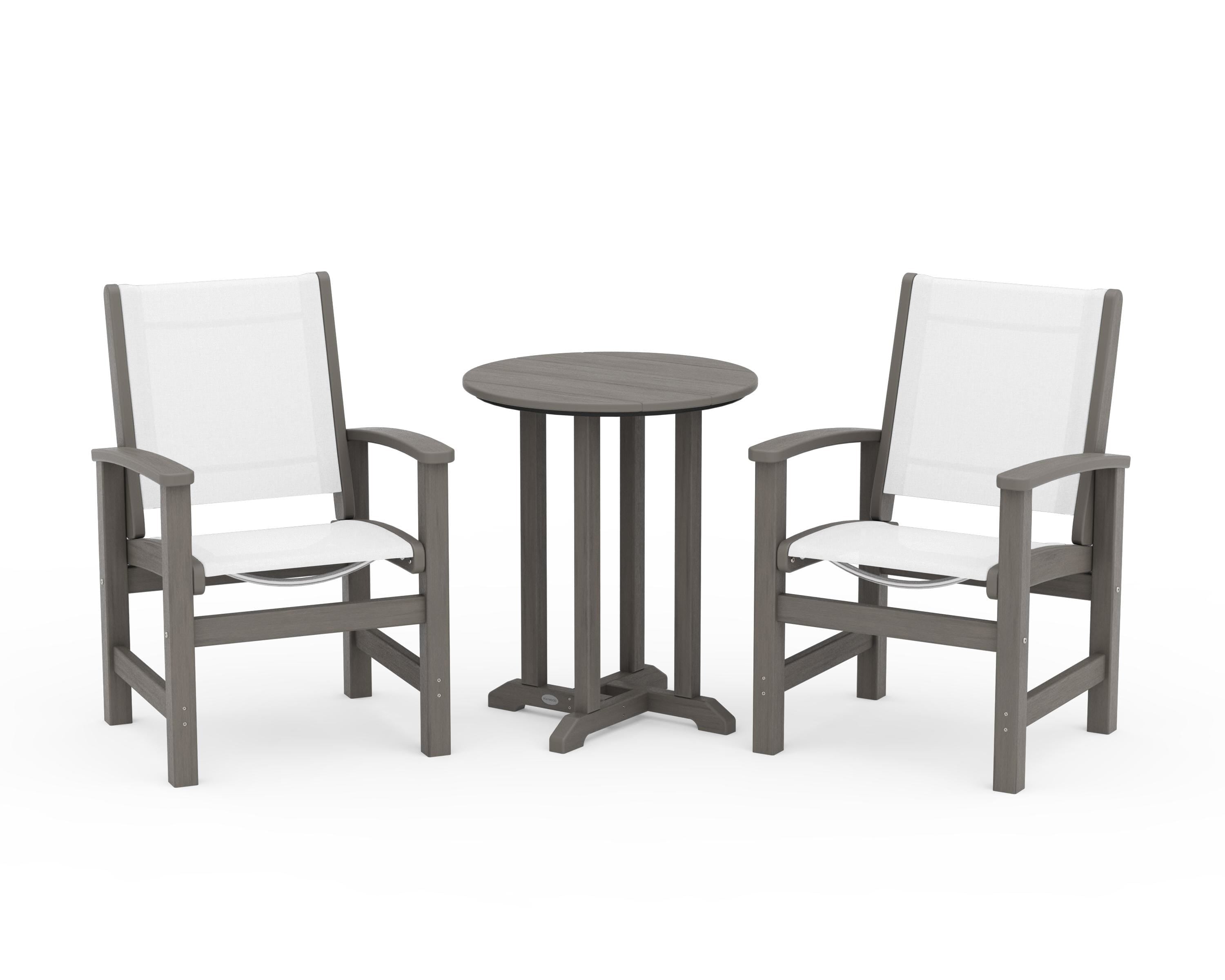 POLYWOOD Coastal 3-Piece Round Bistro Dining Set in Driftwood / White Sling