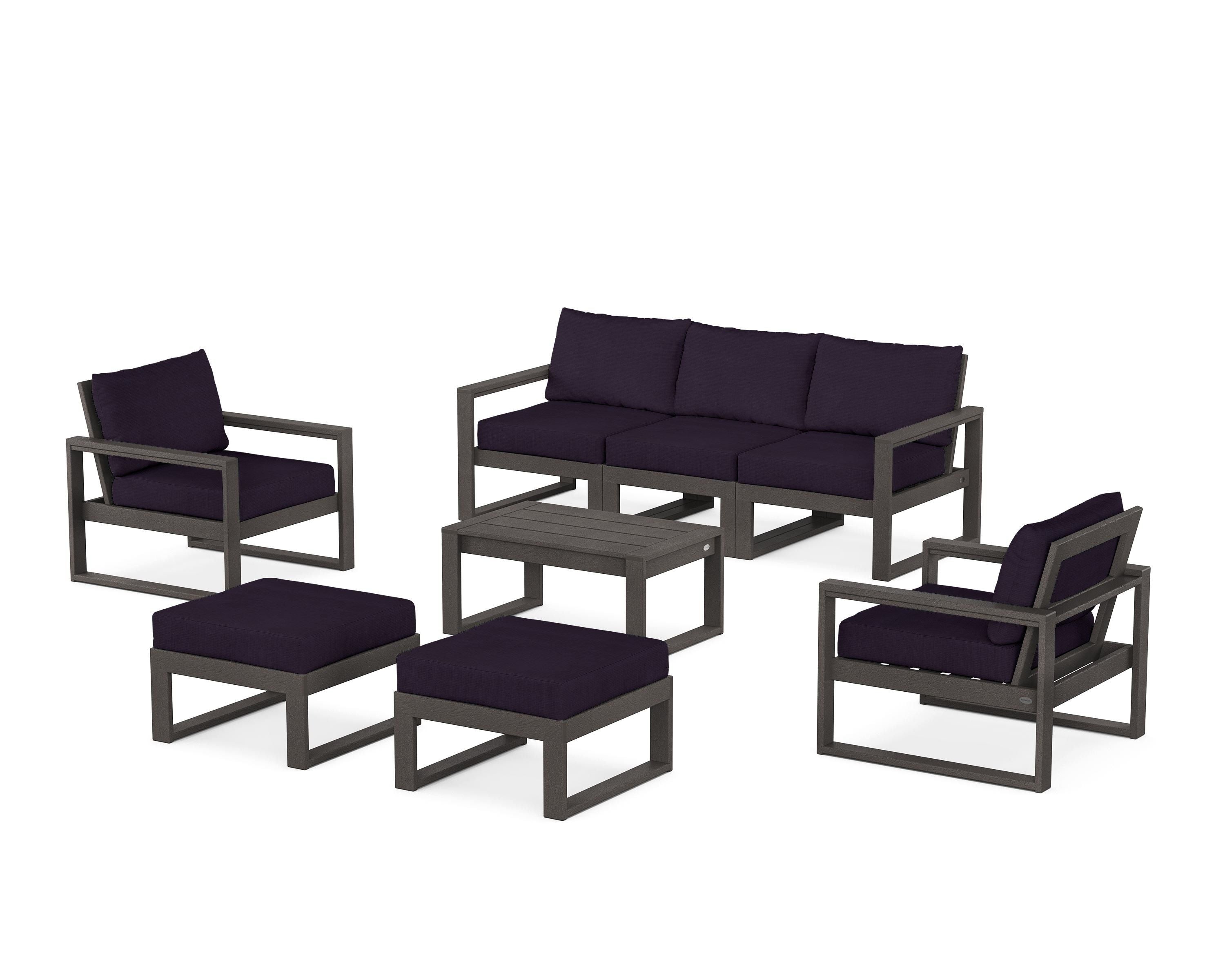 POLYWOOD EDGE Sectional 8-Piece Lounge Sofa Set in Vintage Coffee / Navy Linen