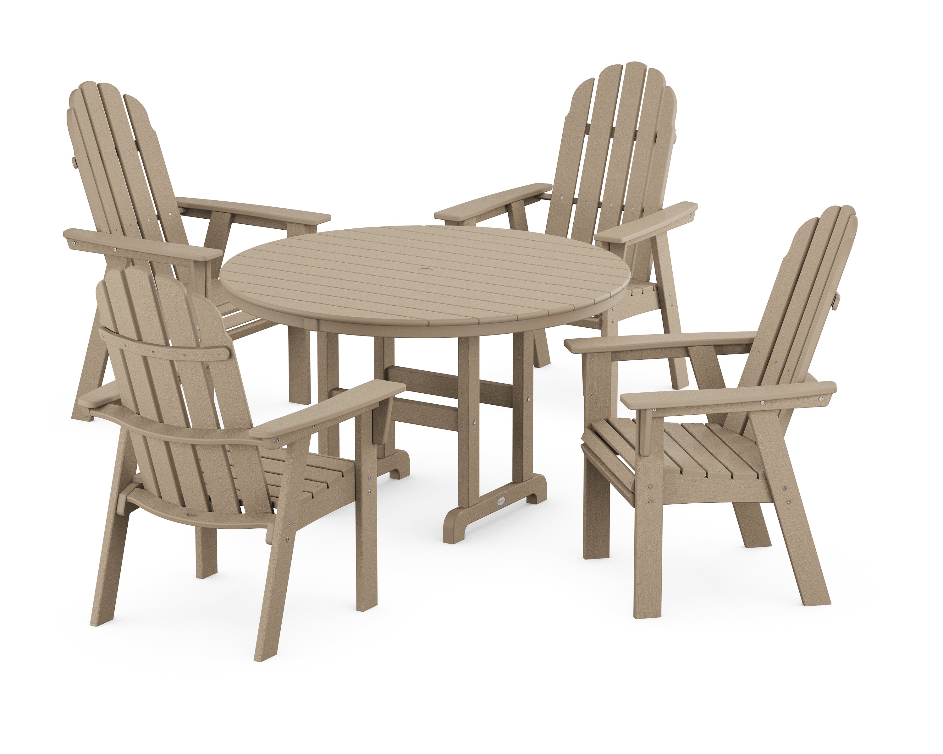 POLYWOOD® Vineyard Curveback Adirondack 5-Piece Round Farmhouse Dining Set in Vintage Sahara