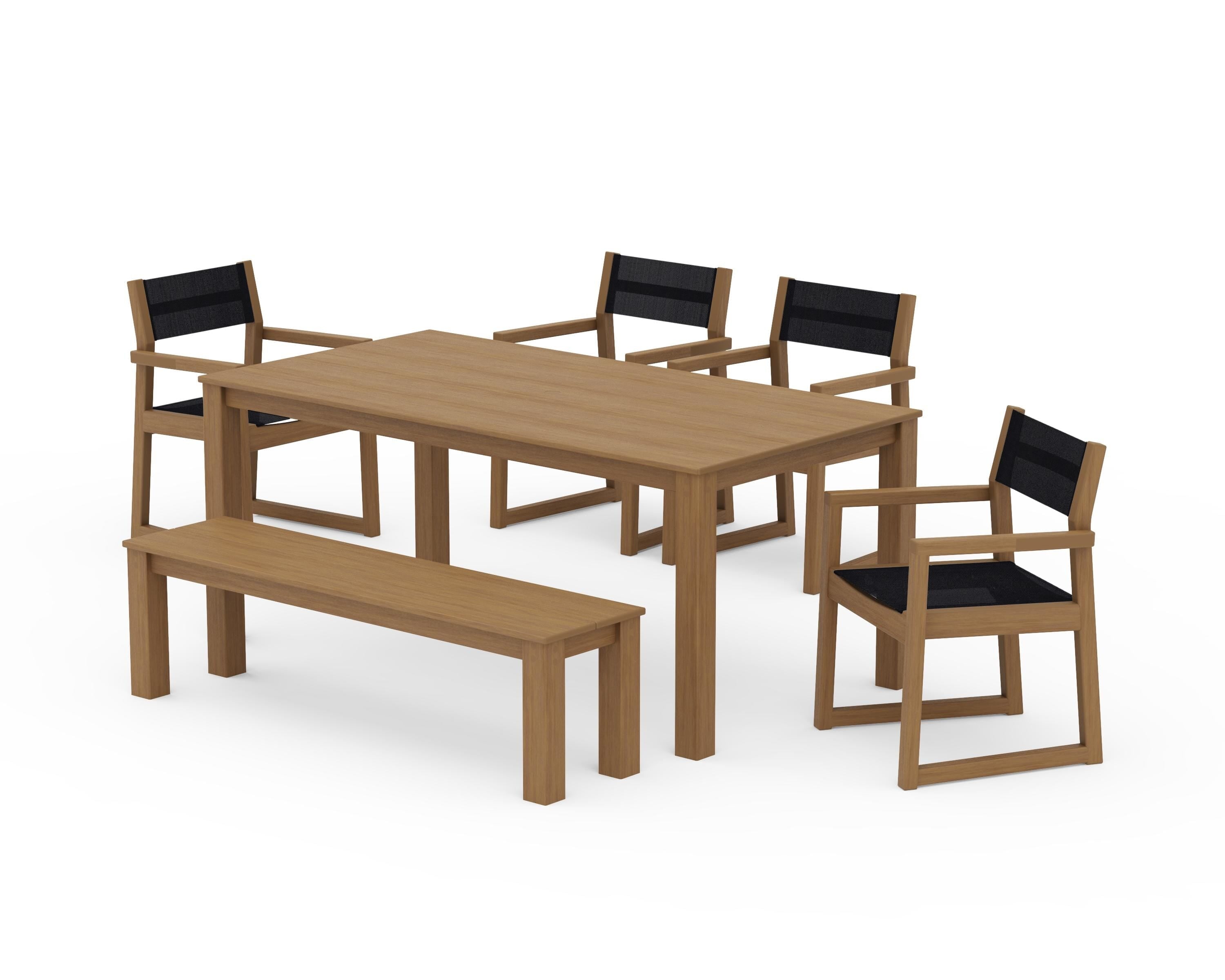 POLYWOOD EDGE Sling Arm Chair 6-Piece Parsons Dining Set with Bench in Natural / Black Sling