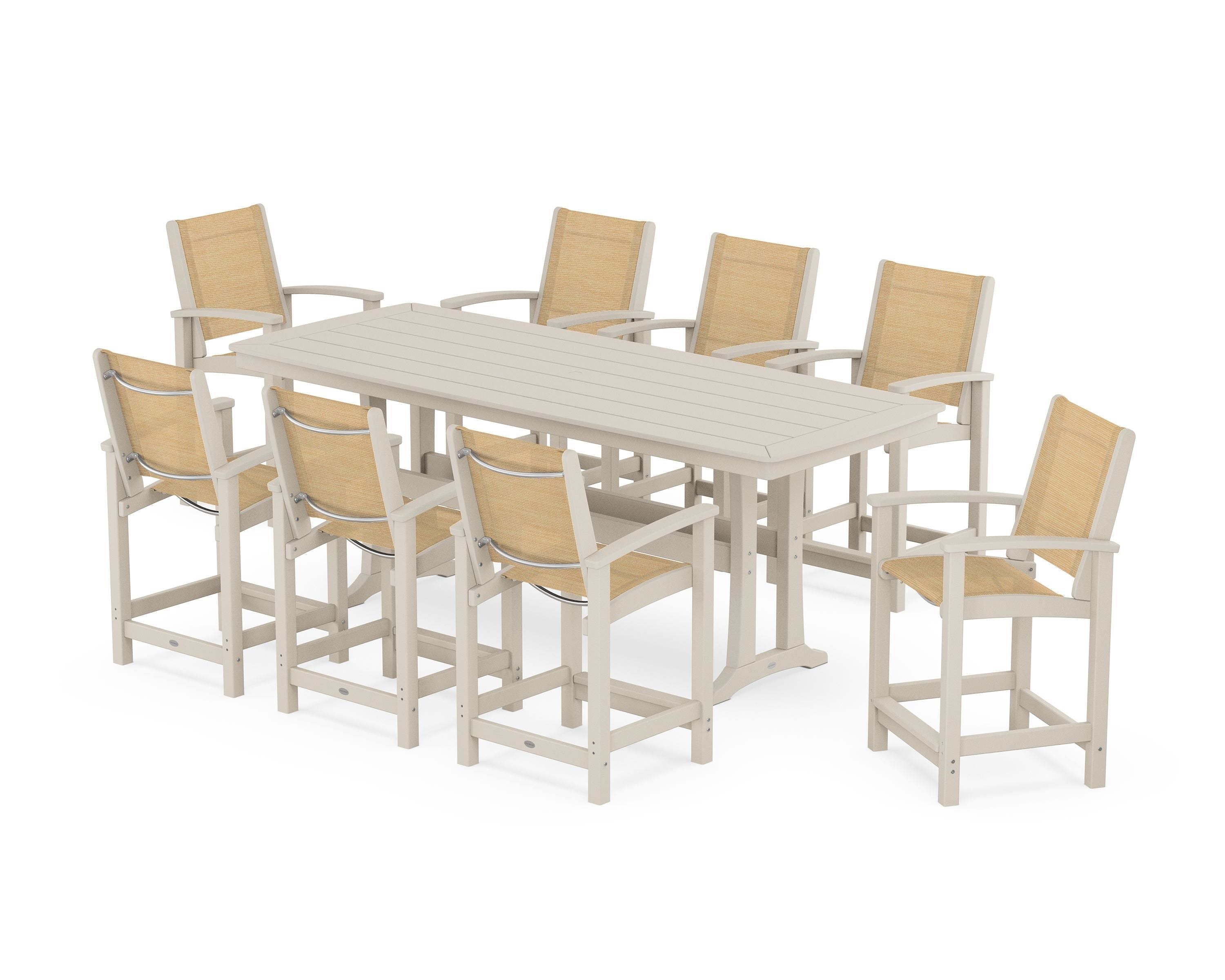 POLYWOOD Coastal 9-Piece Counter Set with Trestle Legs in Sand / Dupioni Apricot Sling