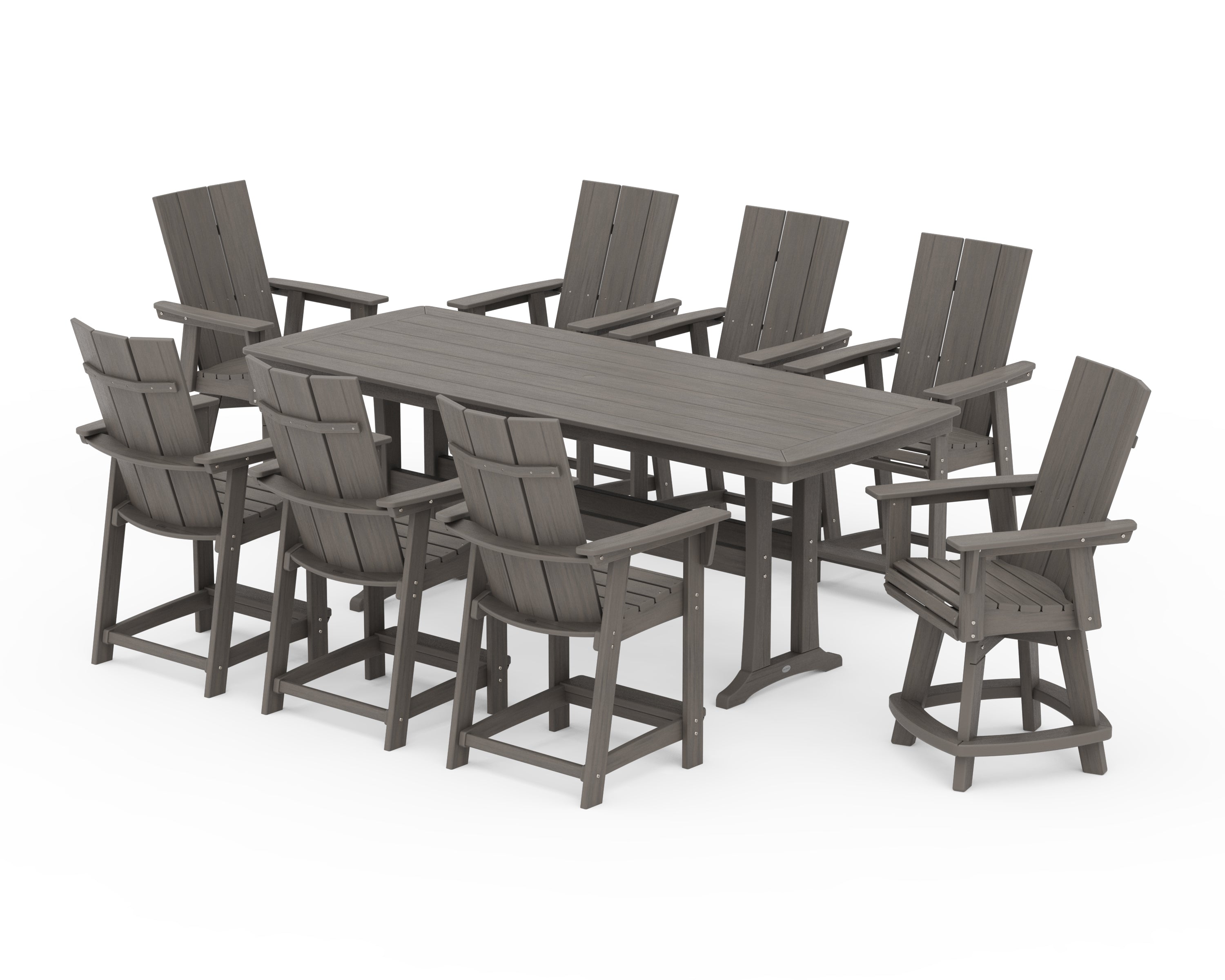 POLYWOOD Modern Curveback Adirondack Swivel 9-Piece Counter Set with Trestle Legs in Driftwood