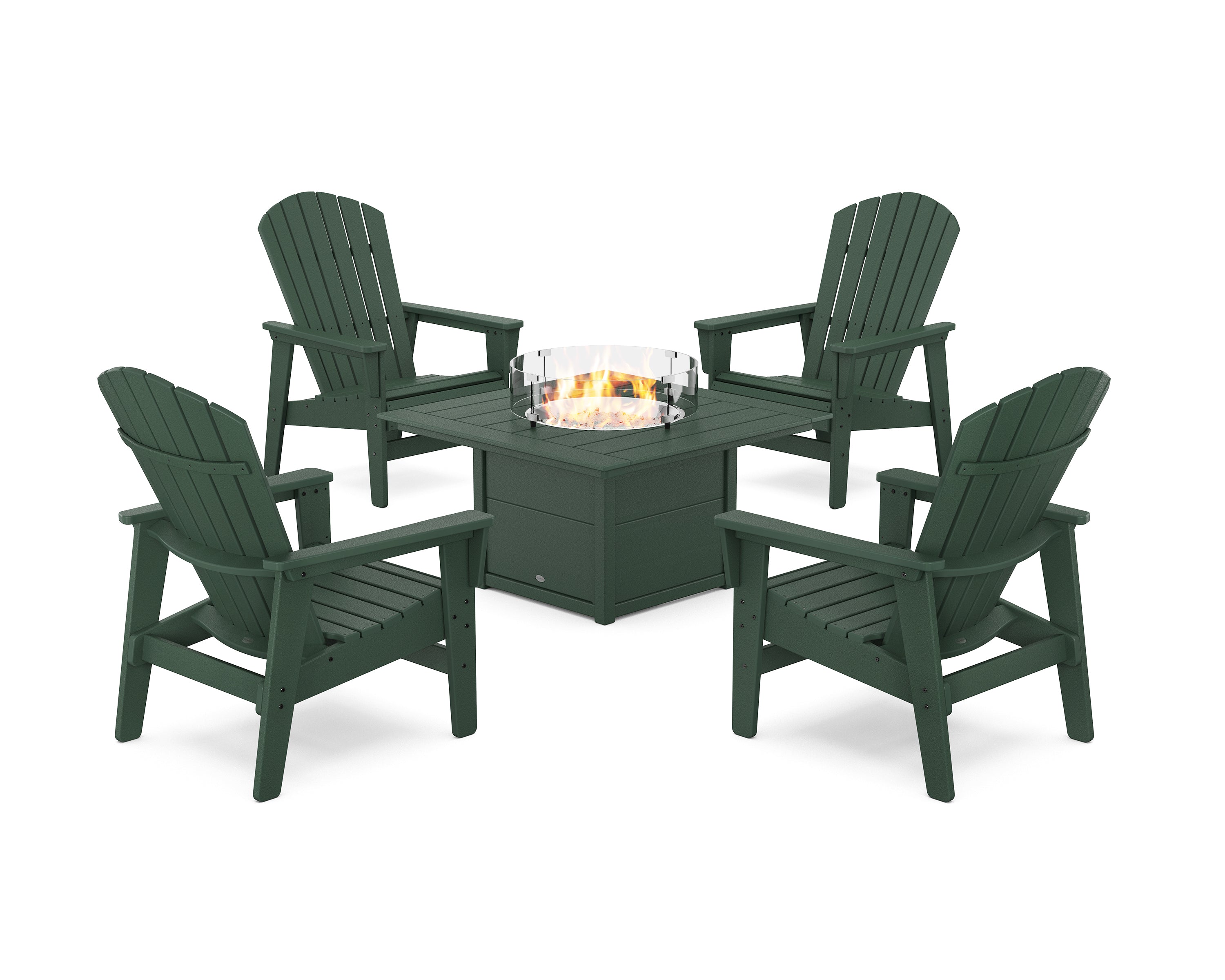 POLYWOOD 5-Piece Nautical Grand Upright Adirondack Conversation Set with Fire Pit Table in Green