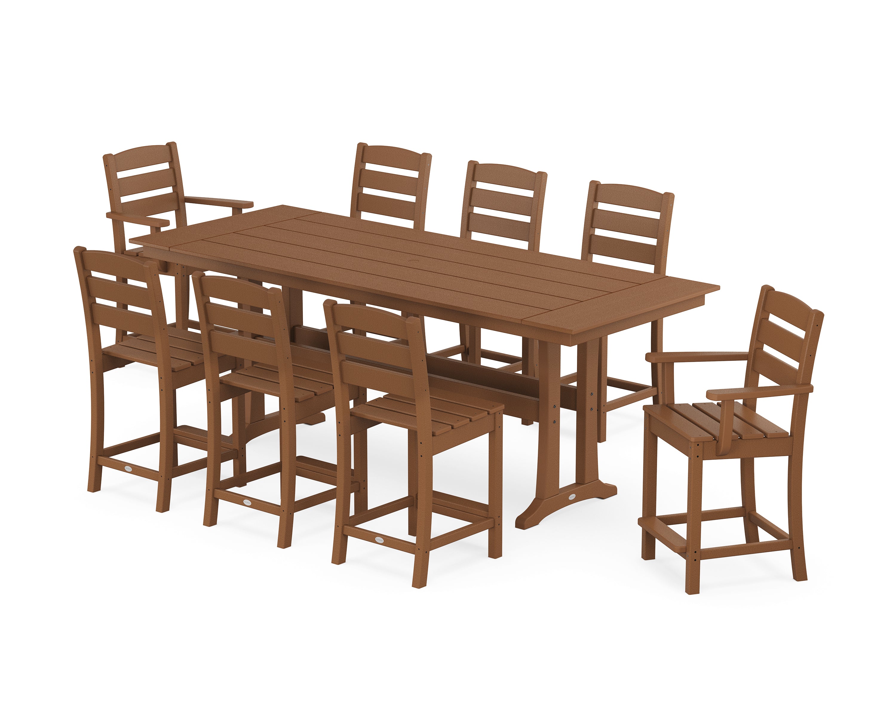 POLYWOOD Lakeside 9-Piece Farmhouse Counter Set with Trestle Legs in Teak