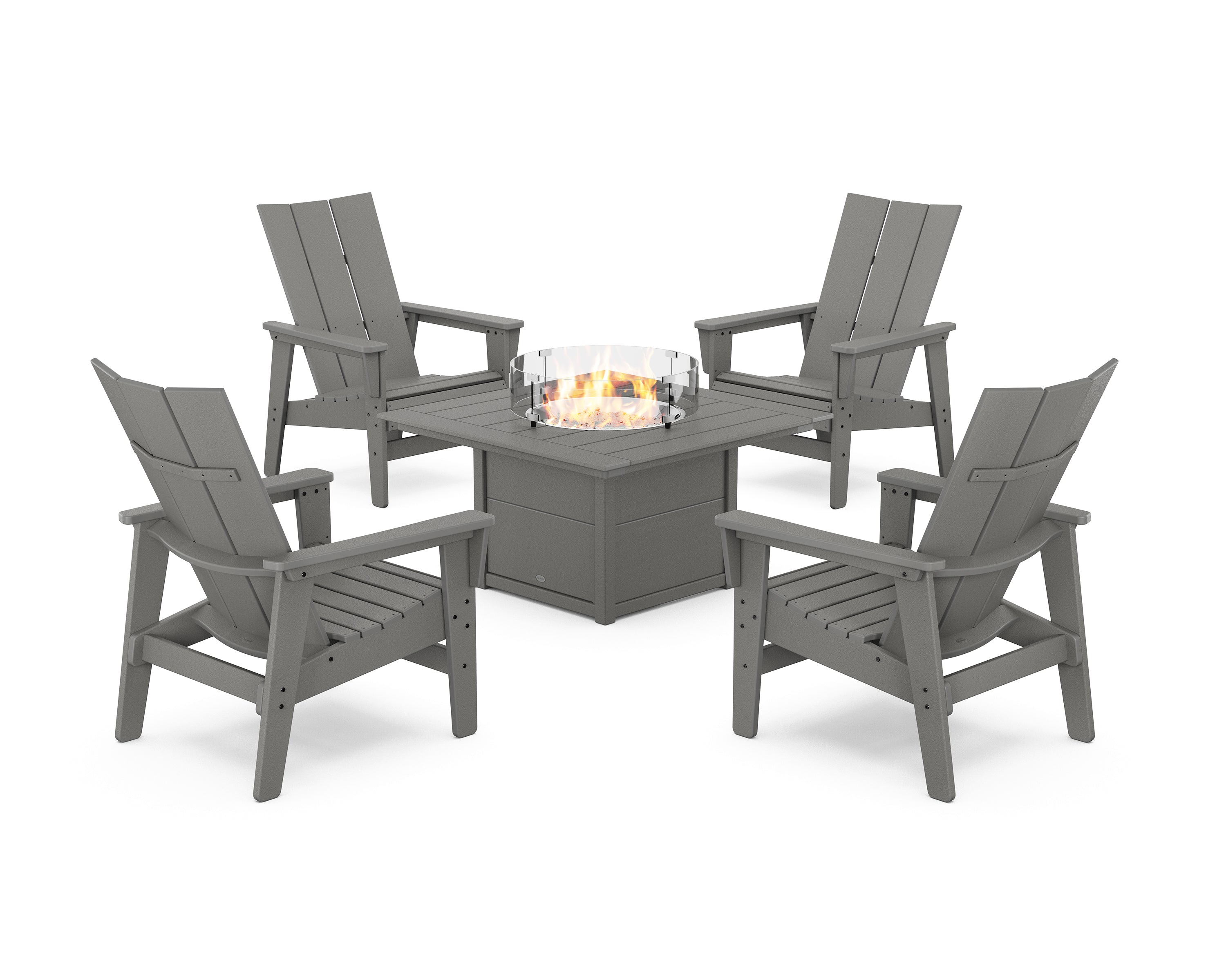 POLYWOOD 5-Piece Modern Grand Upright Adirondack Conversation Set with Fire Pit Table in Slate Grey