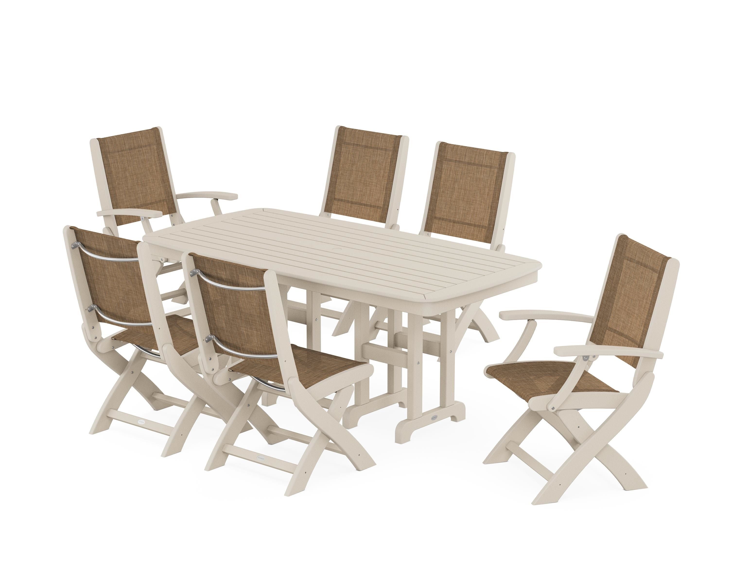 POLYWOOD Coastal Folding Chair 7-Piece Dining Set in Sand / Burlap Sling