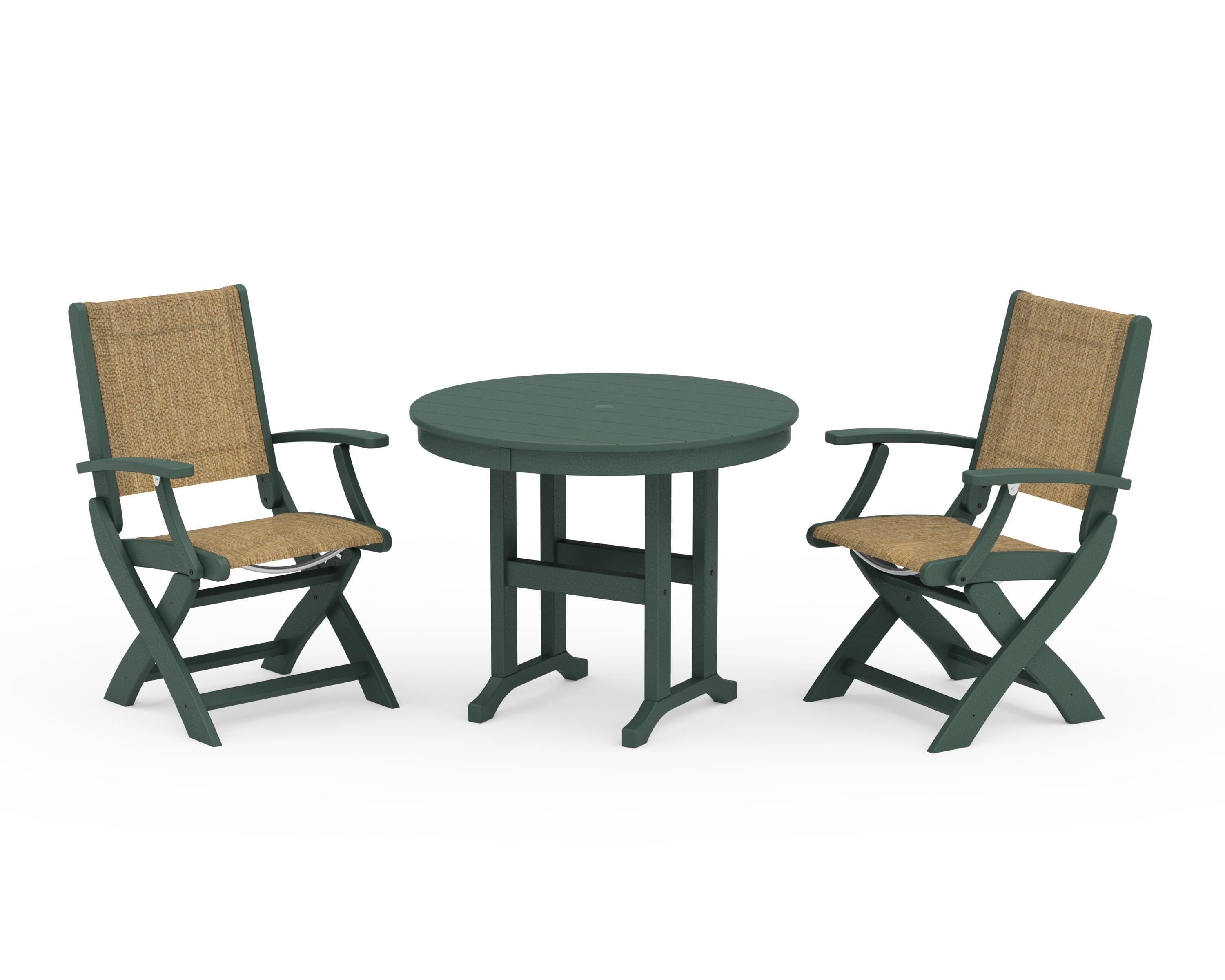 POLYWOOD Coastal Folding Chair 3-Piece Round Dining Set in Green / Burlap Sling
