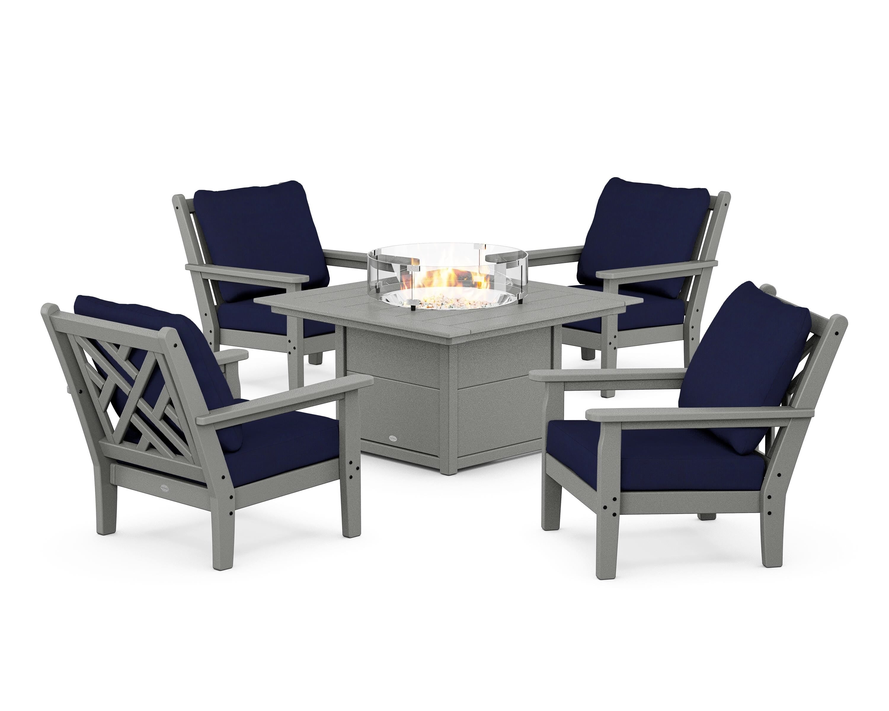 POLYWOOD Chippendale 5-Piece Deep Seating Set with Fire Pit Table in Slate Grey / Navy