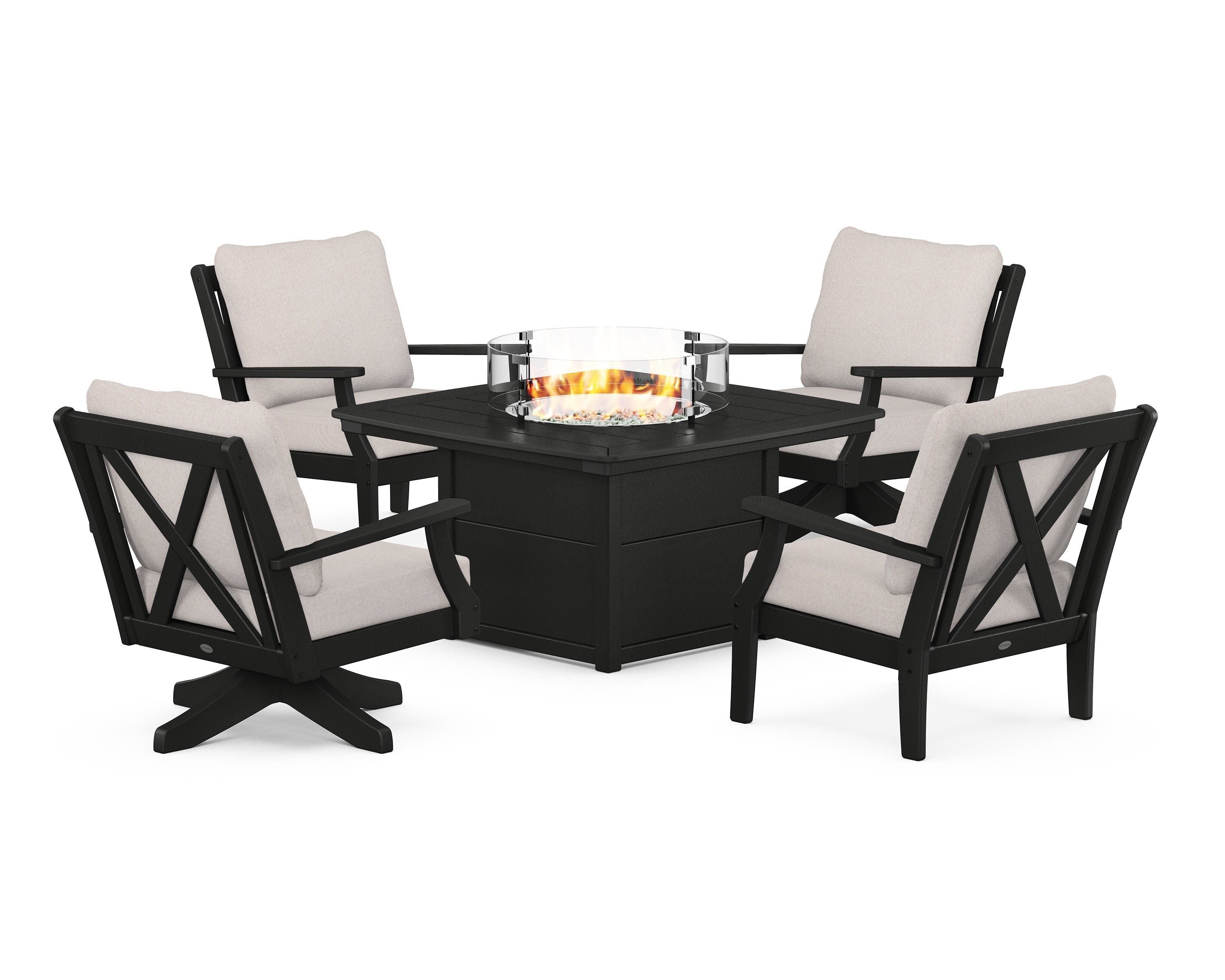 POLYWOOD Braxton 5-Piece Deep Seating Set with Fire Table in Black / Dune Burlap