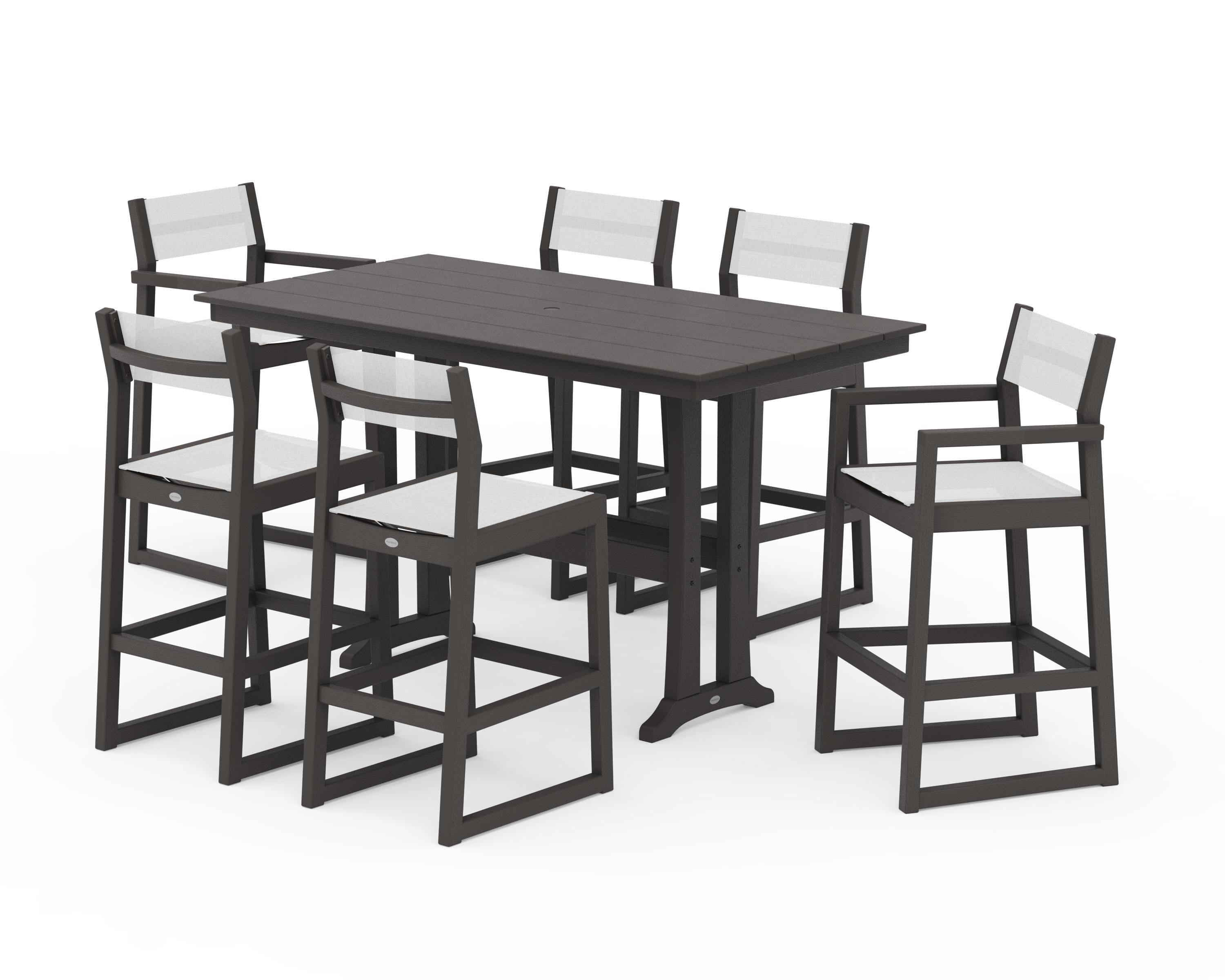 POLYWOOD EDGE Sling 7-Piece Farmhouse Bar Set with Trestle Legs in Vintage Coffee / White Sling