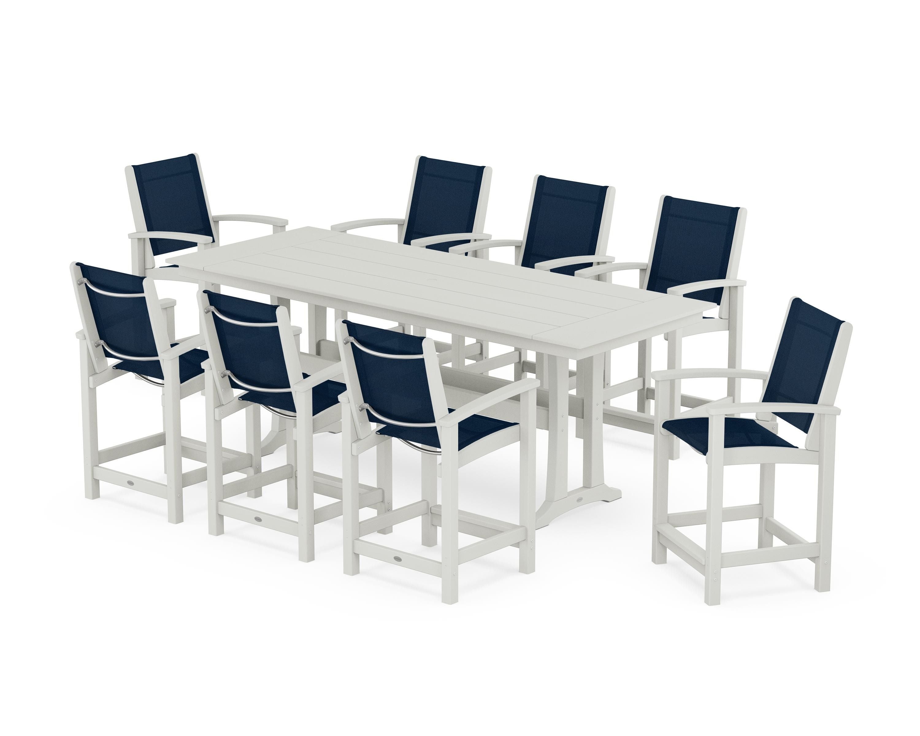 POLYWOOD Coastal 9-Piece Farmhouse Counter Set with Trestle Legs in Vintage White / Navy Blue Sling
