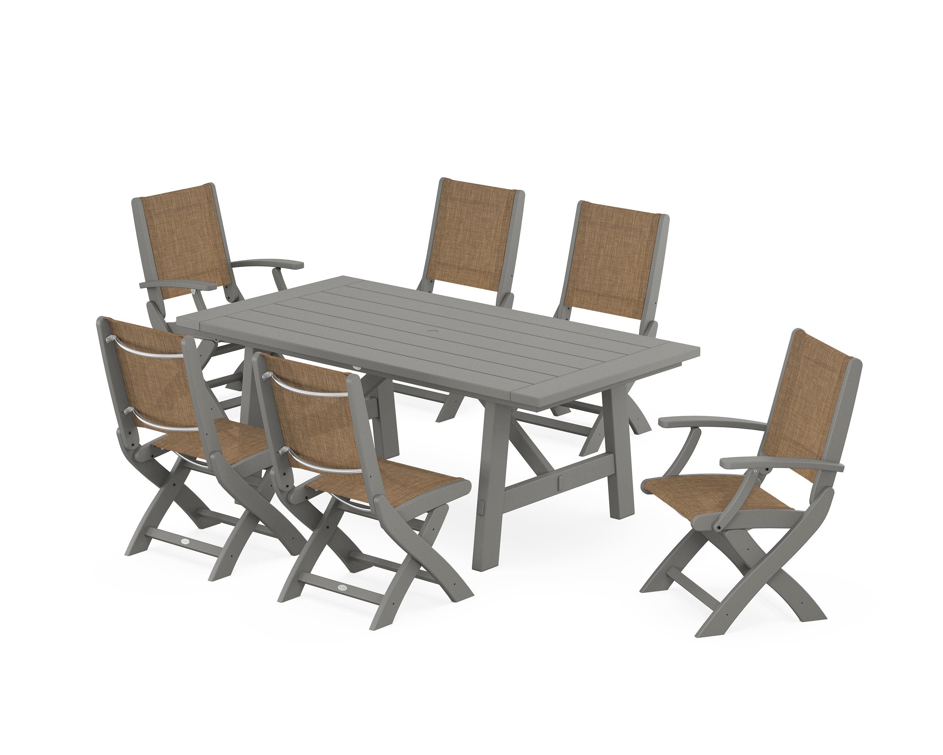 POLYWOOD Coastal Folding Chair 7-Piece Rustic Farmhouse Dining Set in Slate Grey / Burlap Sling